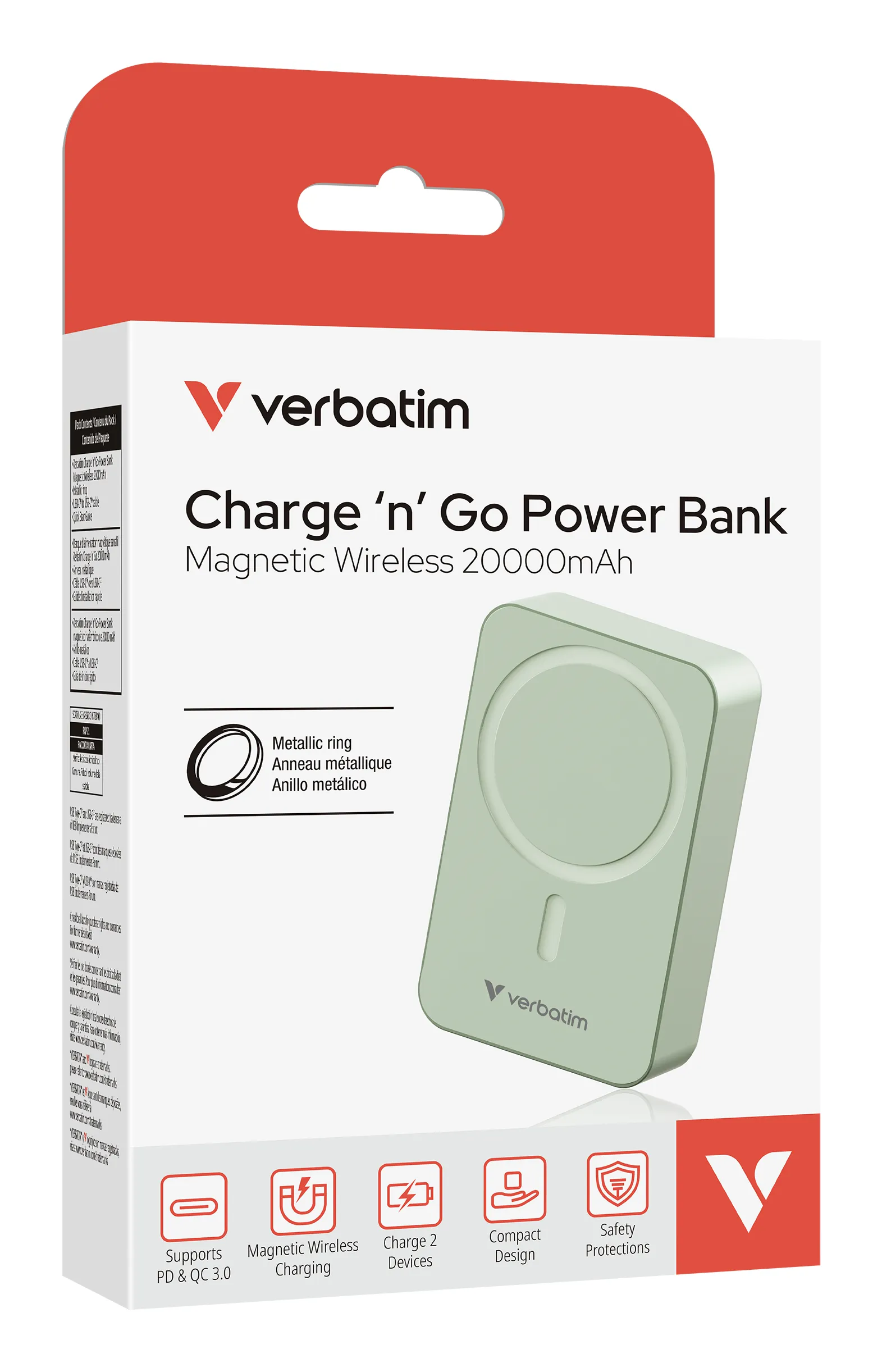 Verbatim Charge n Go Magnetic Wireless -varavirtalähde, 20000 mAh, Vihreä