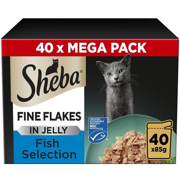Sheba Fine Flakes Fish Selection in Jelly, V&aring;tfoder f&ouml;r katt, Adult, 40 x 85 g