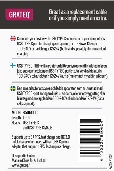 Grateq USB-C - USB-C Quick 100W - kabel, 1m, Svart