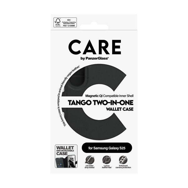PanzerGlass Care Tango Two-in-One, Galaxy S25 -lompakkokotelo, Musta