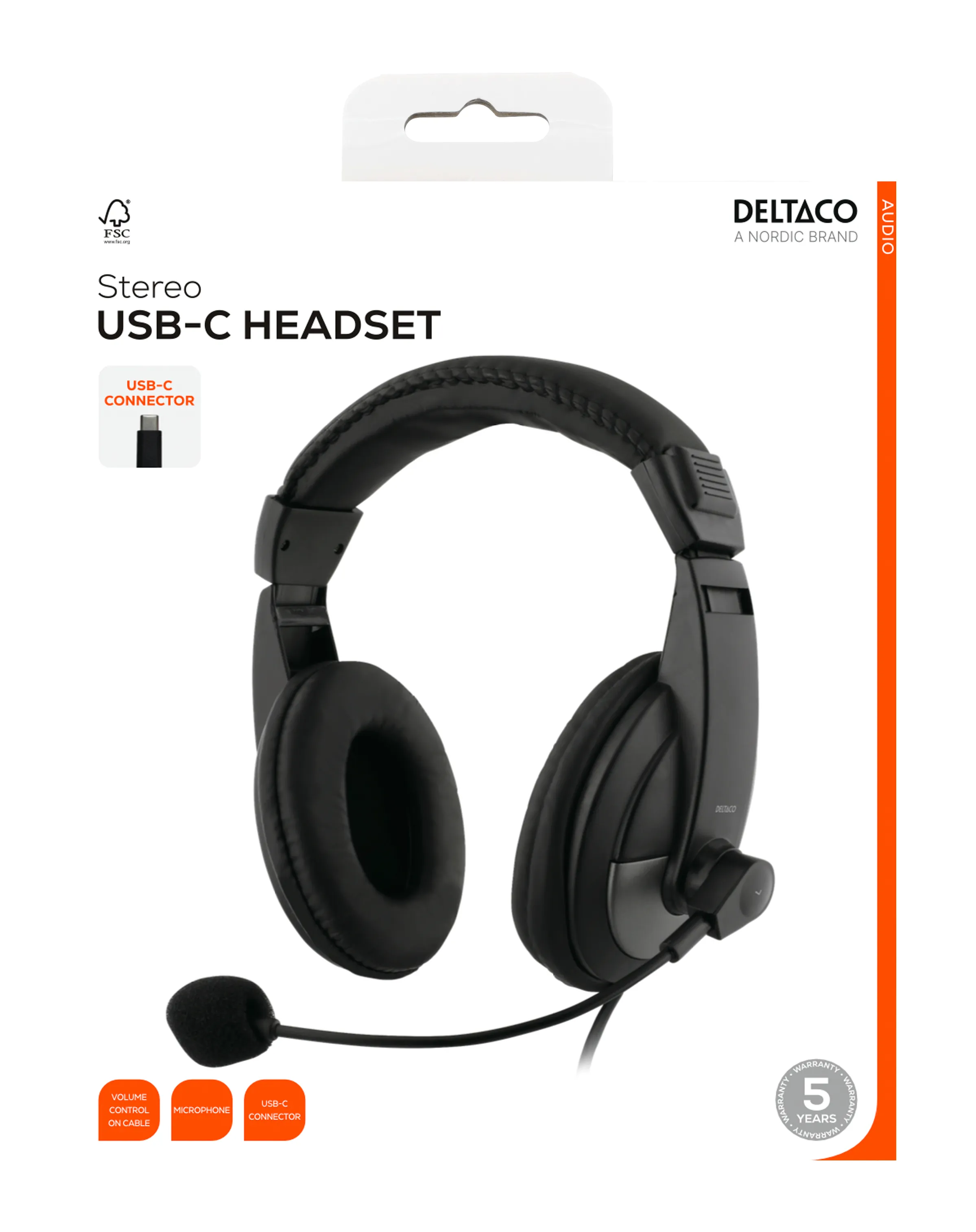 Deltaco HL-50C USB-C -kuulokkeet mikrofonilla, Musta