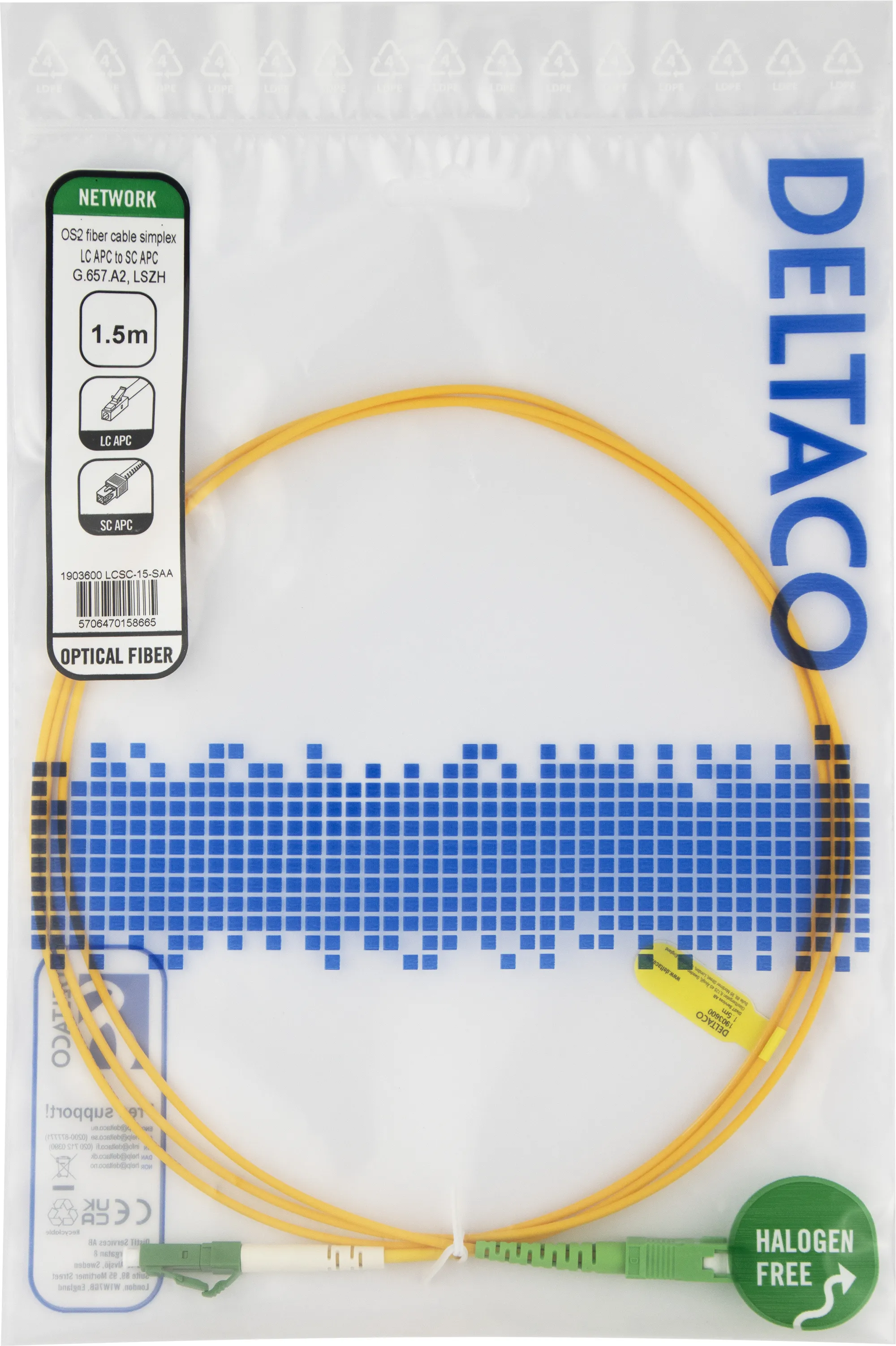 Deltaco OS2 LSZH LC-SC 1.5m Fiber Optic Cable, Yellow