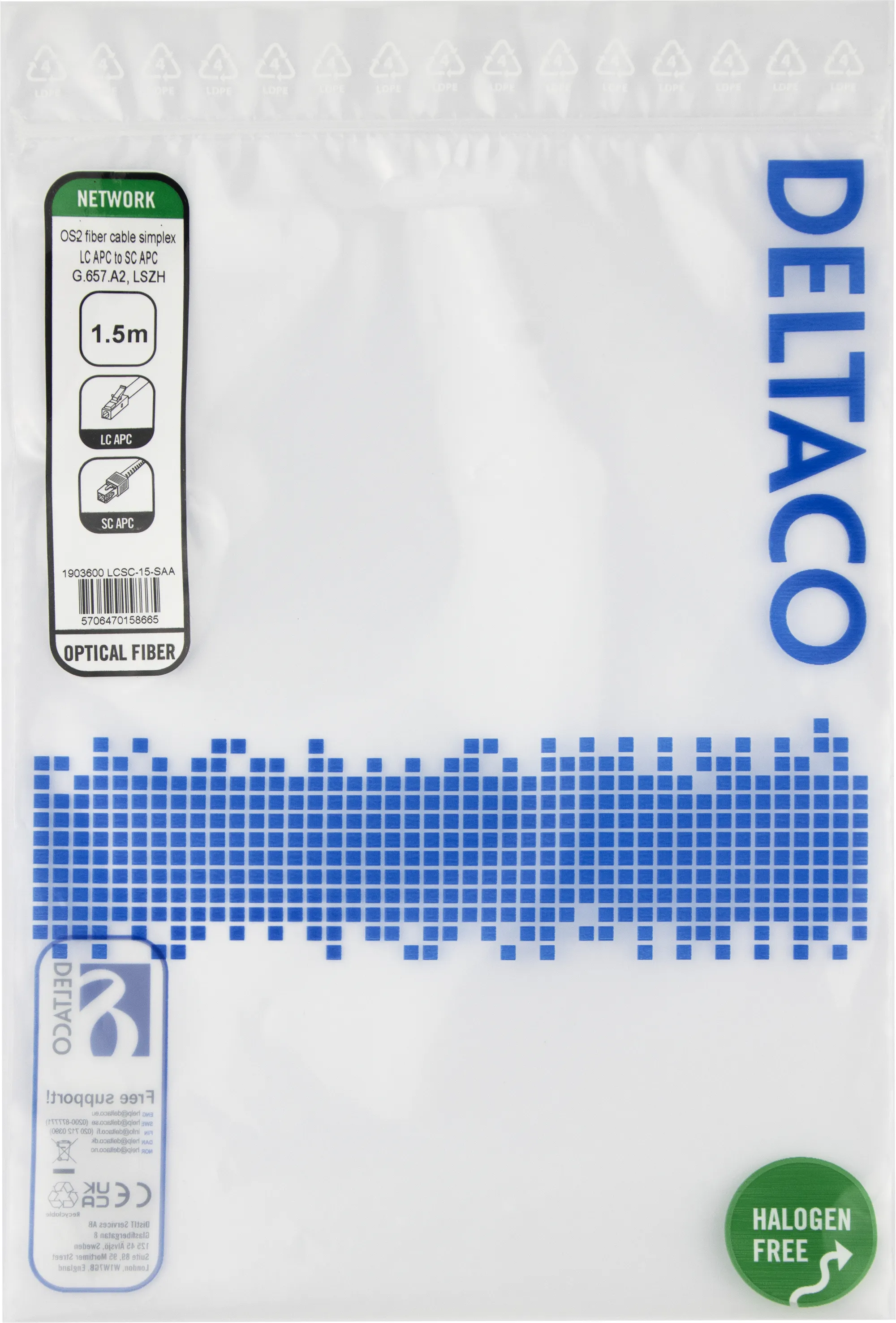 Deltaco OS2 LSZH LC-SC 1.5m Fiber Optic Cable, Yellow