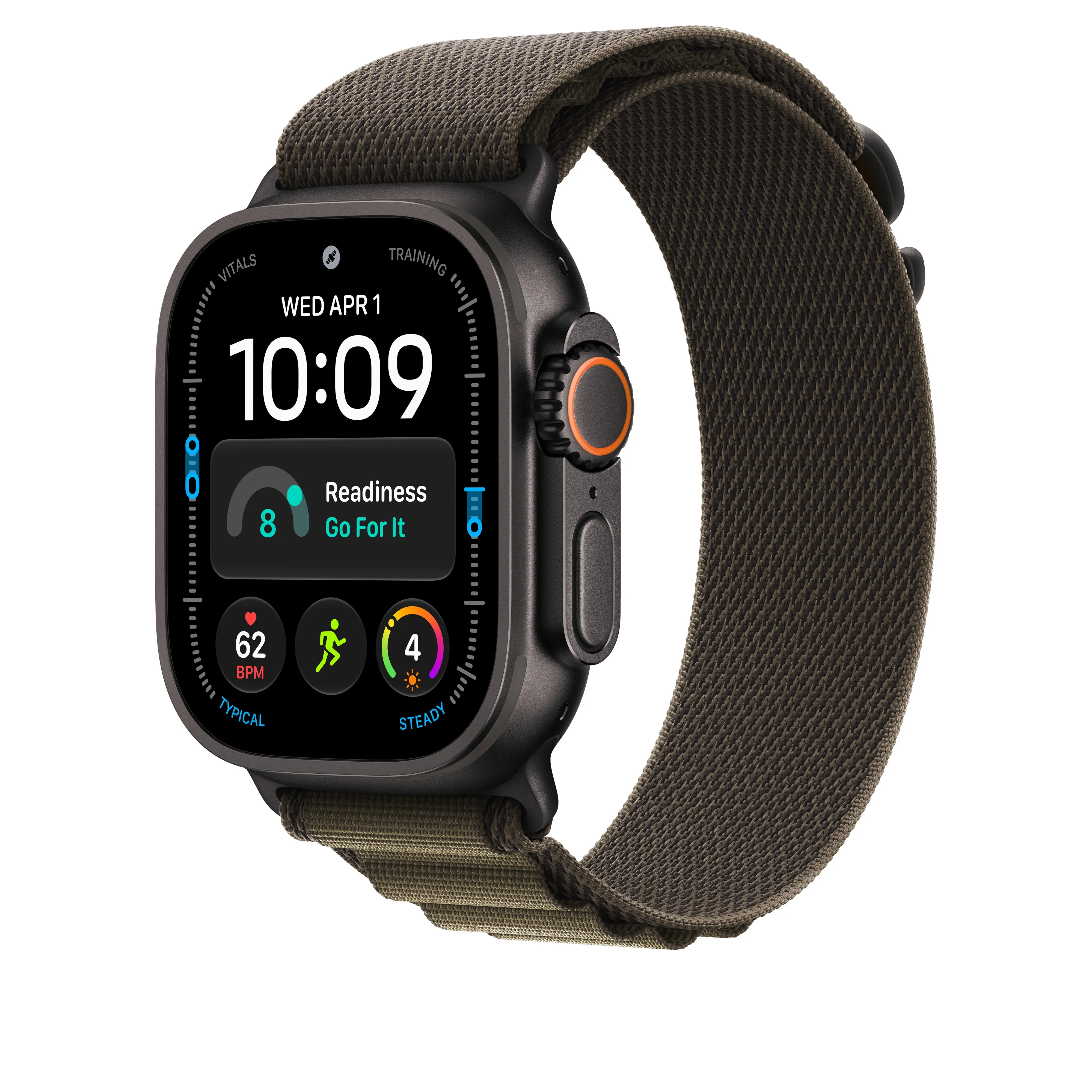 Apple Watch 49 mm -Alpine-ranneke, tummanoliivi, keskikokoinen, mustatitaani