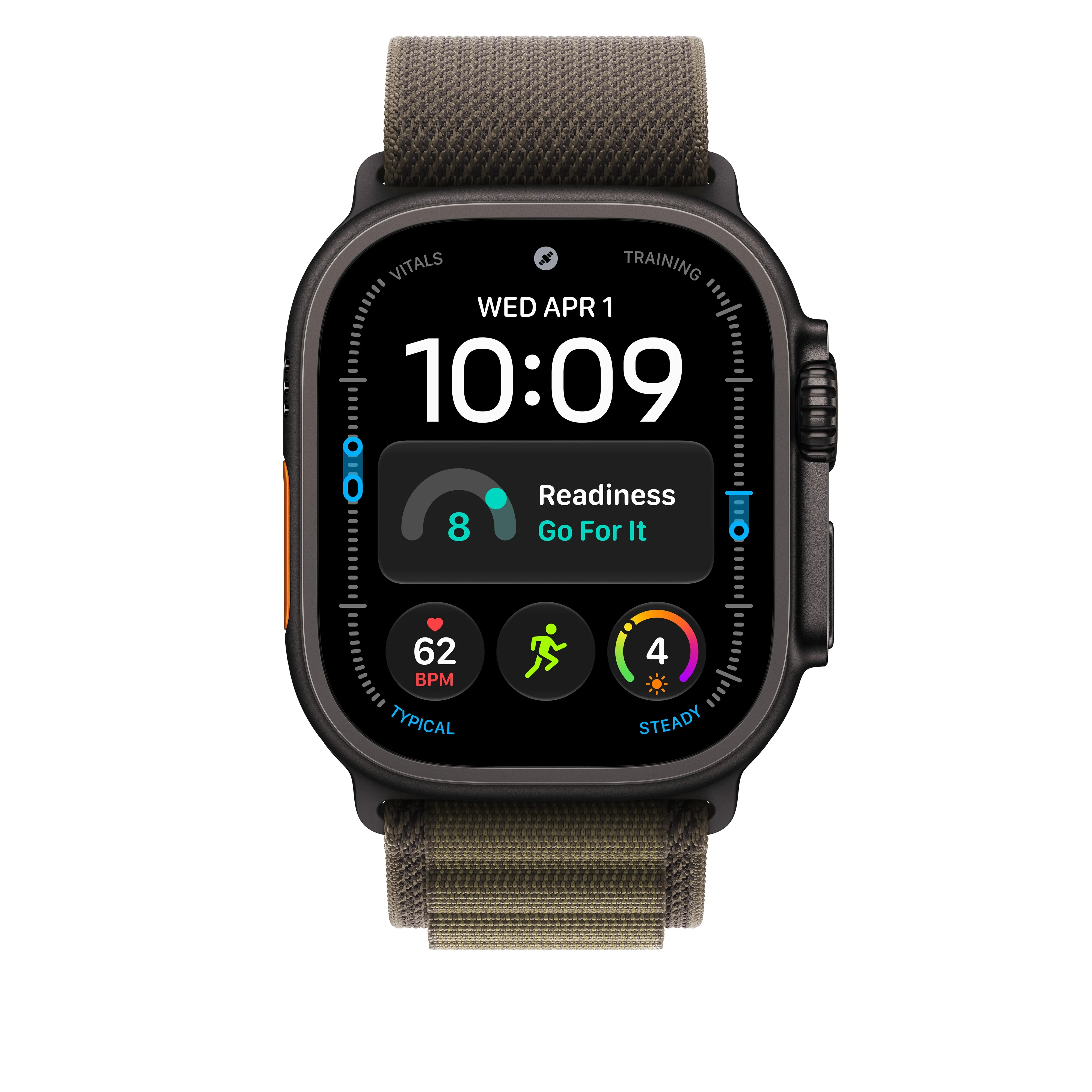 Apple Watch 49 mm -Alpine-ranneke, tummanoliivi, keskikokoinen, mustatitaani