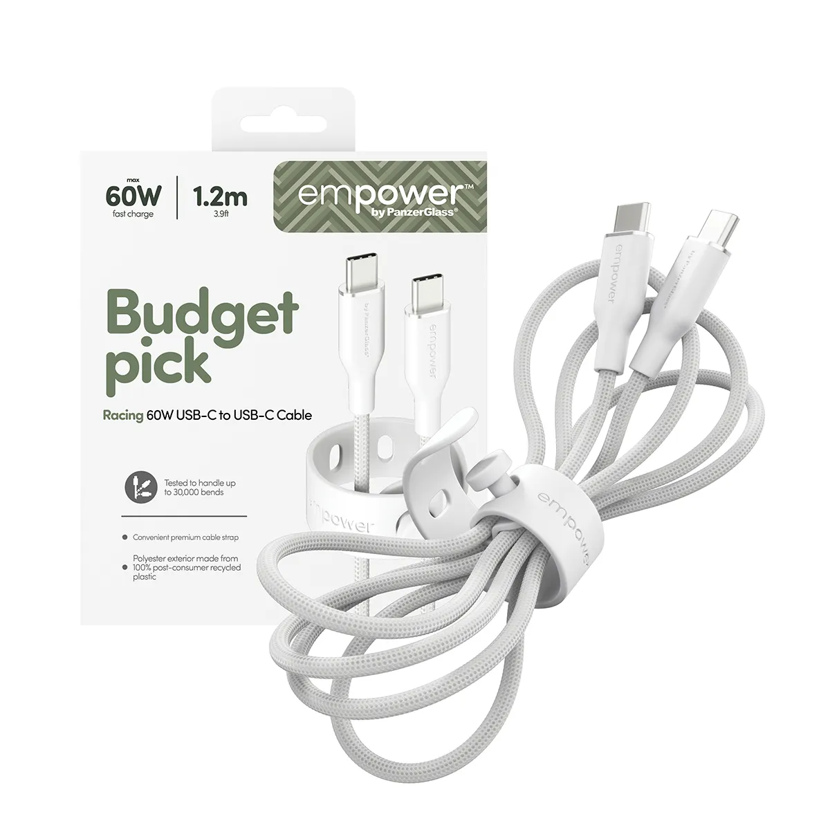 PanzerGlass Empower Racing USB-C cable, 60W, 1.2 m, Silver White