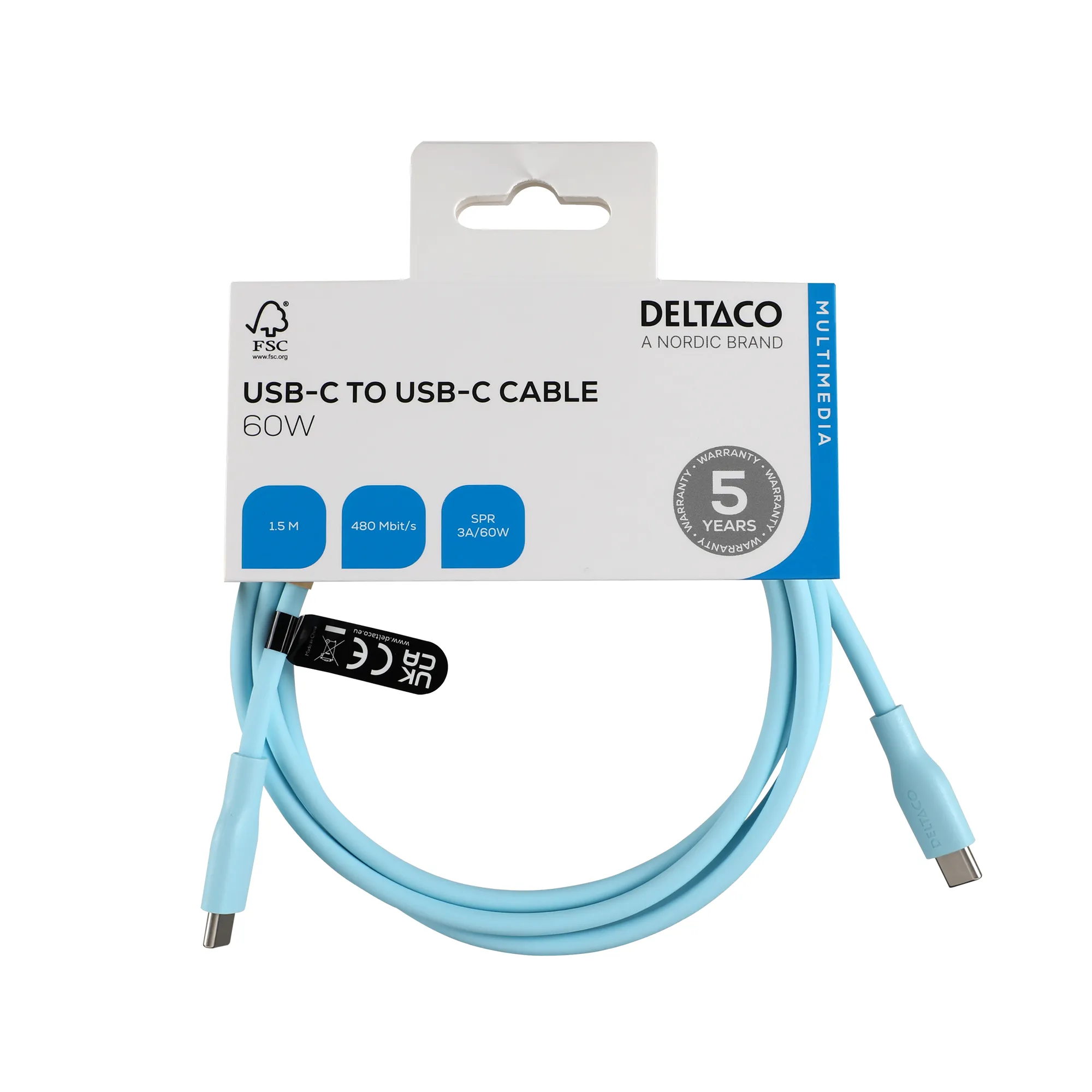 Deltaco USB-C - USB-C 2.0 SPR Silicone - cable, Turquoise, 1.5m