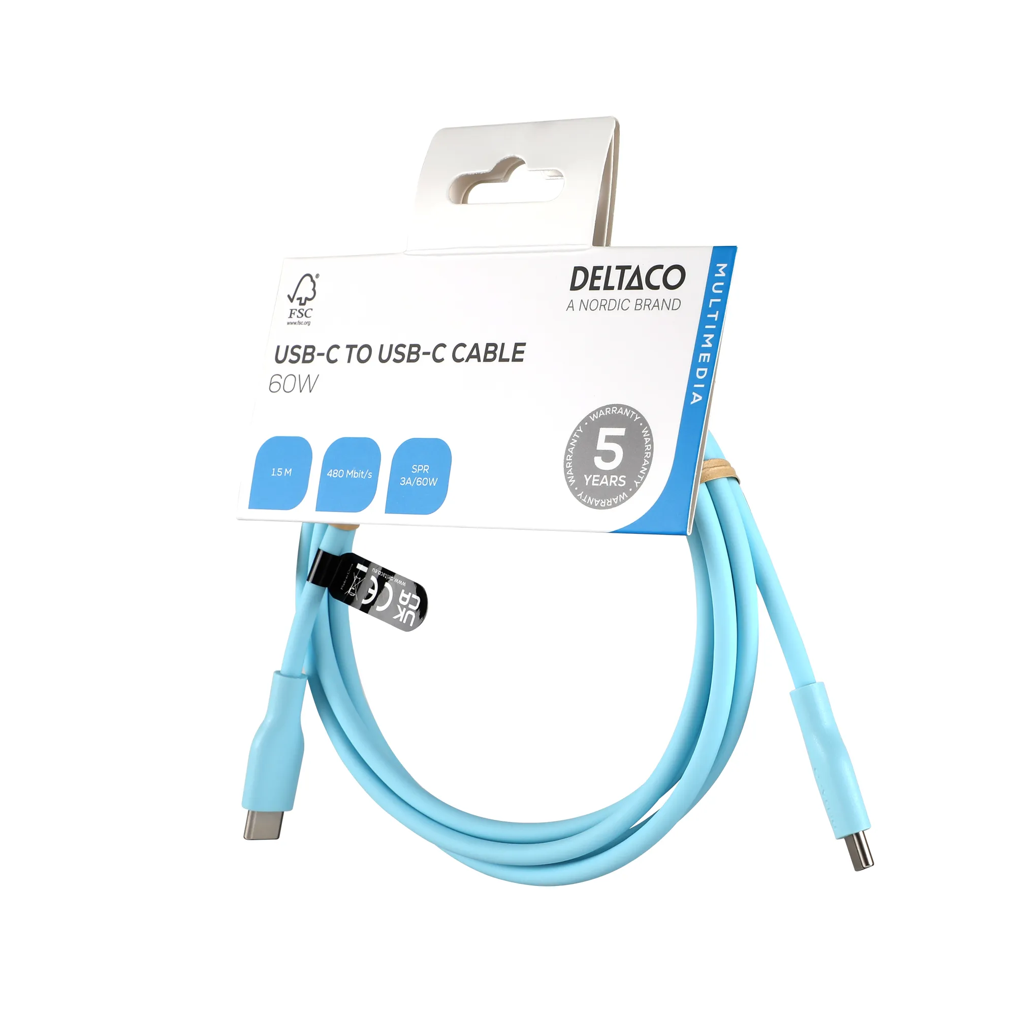 Deltaco USB-C - USB-C 2.0 SPR Silicone - cable, Turquoise, 1.5m