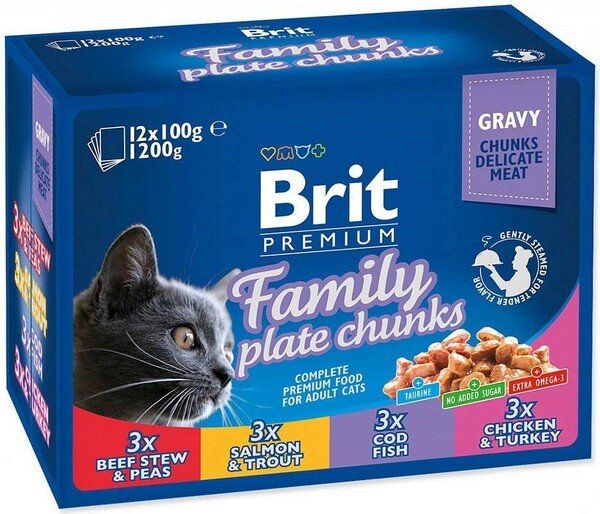 Brit Premium Cat Pouches Family Plate, Wet food for cats, Adult, 12 x 100g