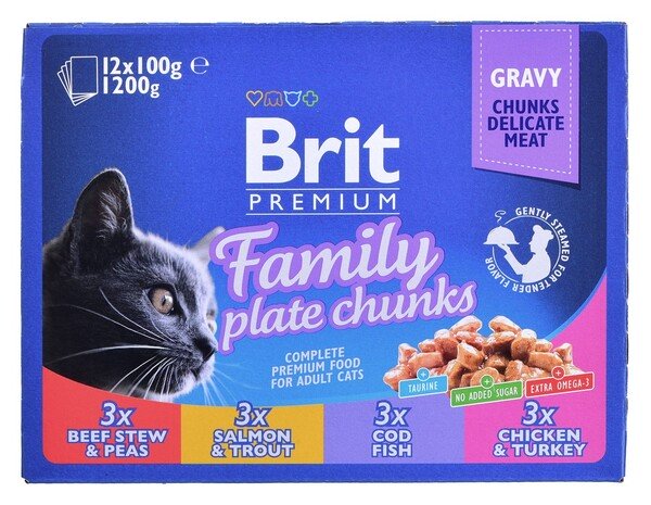 Brit Premium Cat Pouches Family Plate, Wet food for cats, Adult, 12 x 100g
