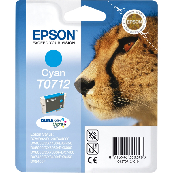 Epson T0712 - 5.5 ml - sinivihre&auml; - alkuper&auml;inen - kuplapakkaus - mustepatruuna malleihin Stylus DX9400, SX115, SX210, SX215, SX218, SX415, SX515, SX610, Stylus
