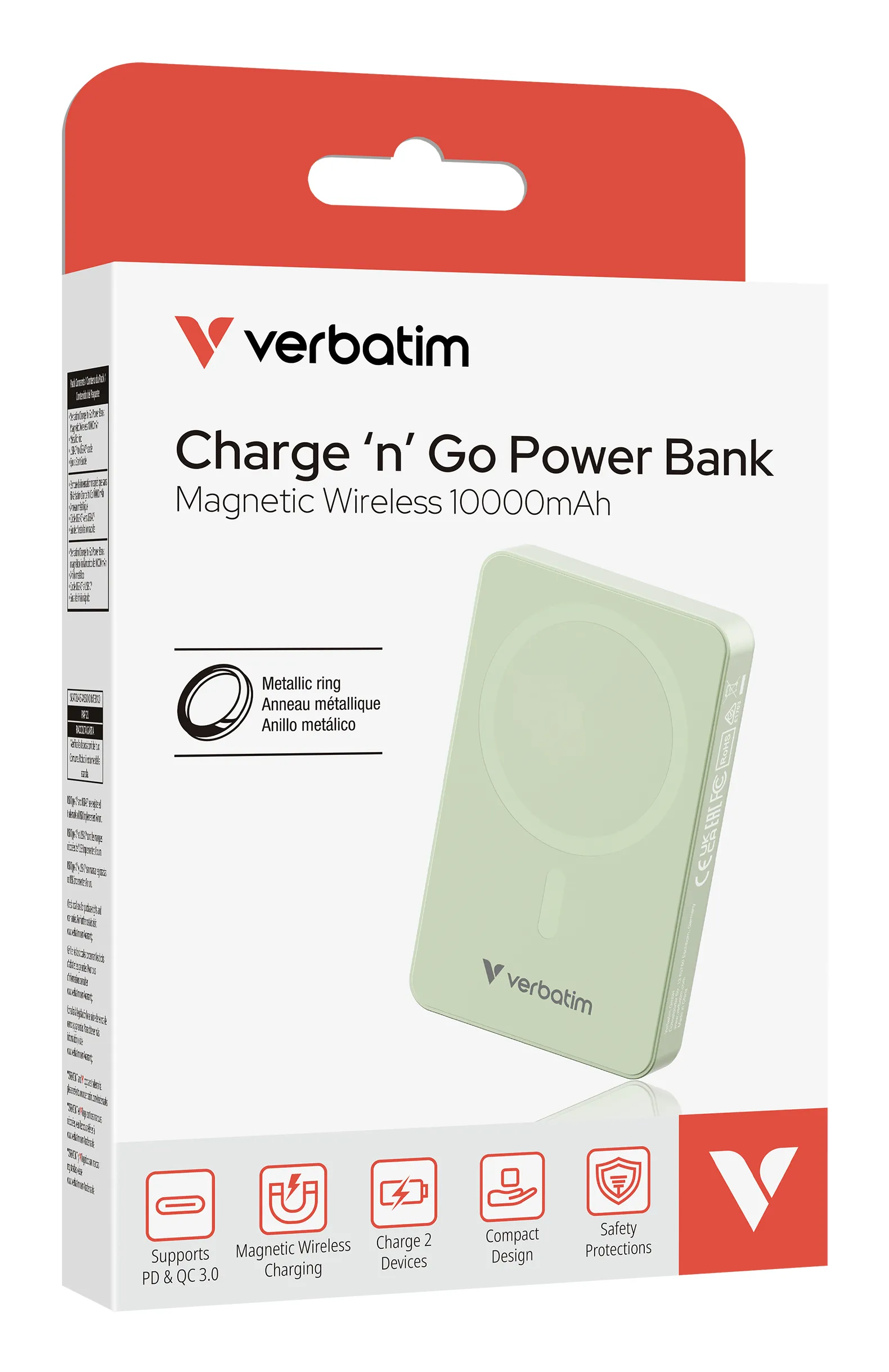 Verbatim Charge n Go Magnetic Wireless -varavirtalähde, 10000 mAh, Vihreä
