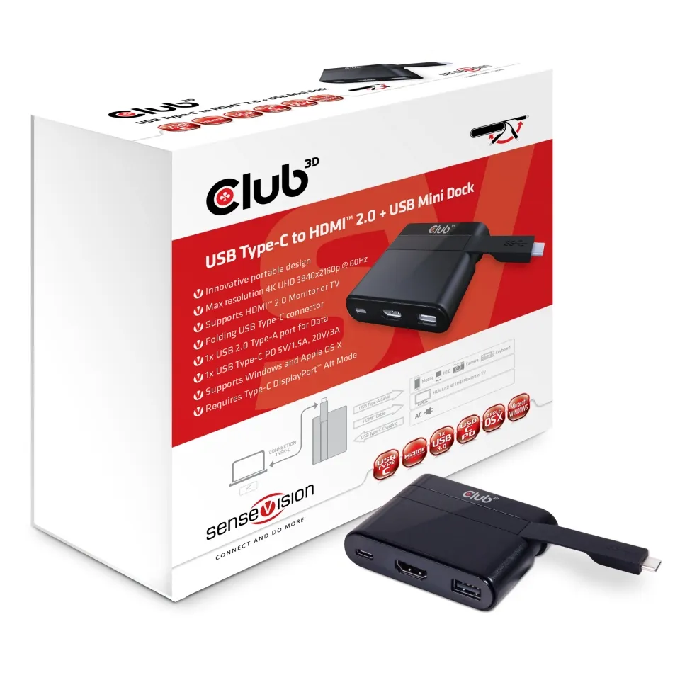 Club3D Type C to HDMI 2.0 USB Charging Mini Dock - dock, Black