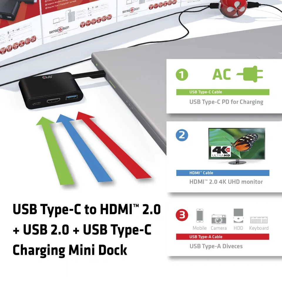 Club3D Type C to HDMI 2.0 USB Charging Mini Dock - dock, Black