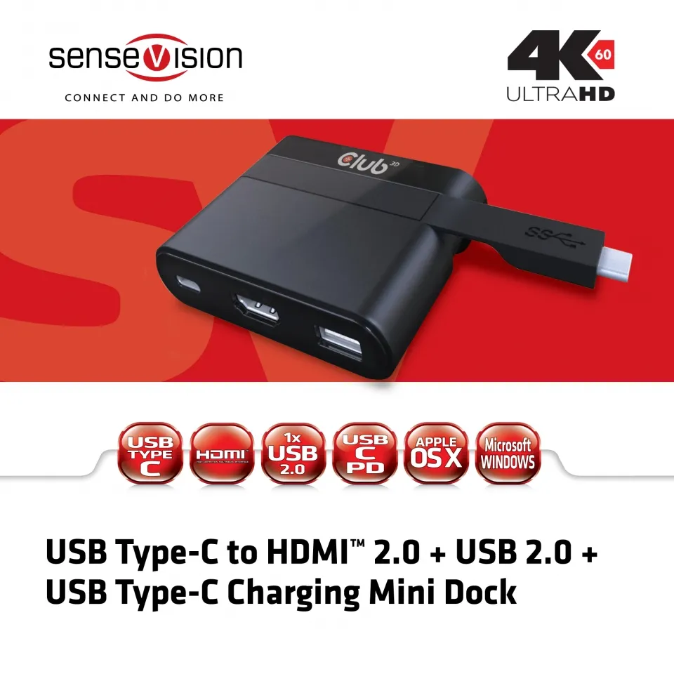 Club3D Type C to HDMI 2.0 USB Charging Mini Dock - dock, Black