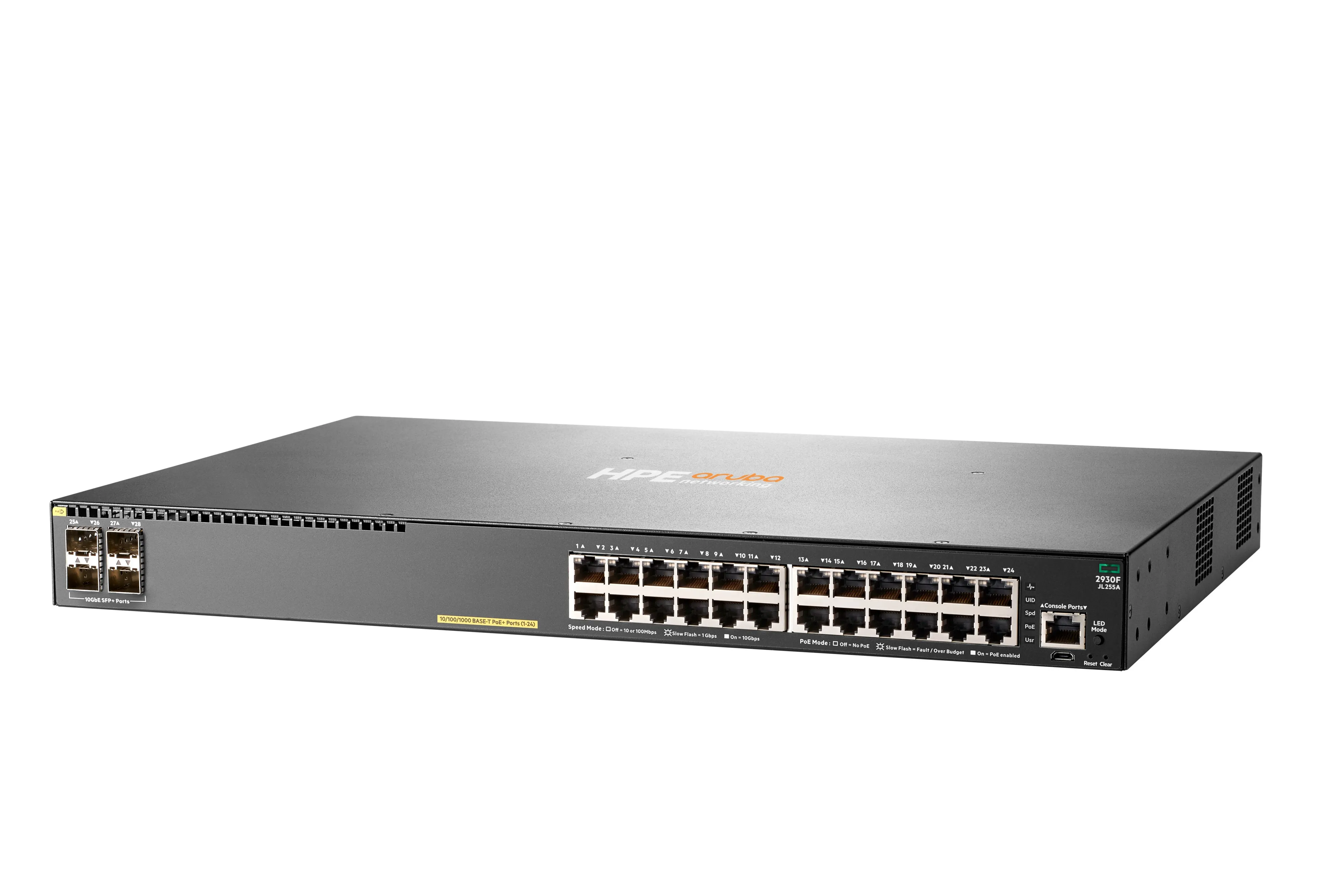 HPE Aruba 2930F 24G PoE+ 4SFP+ Basic Layer3 Switch (JL255A) with 24x 10/100/1000T PoE+ (Max 370 W) + 4x SFP+ 1/10GbE ports.Switching capacity 128 Gbps, Throughp