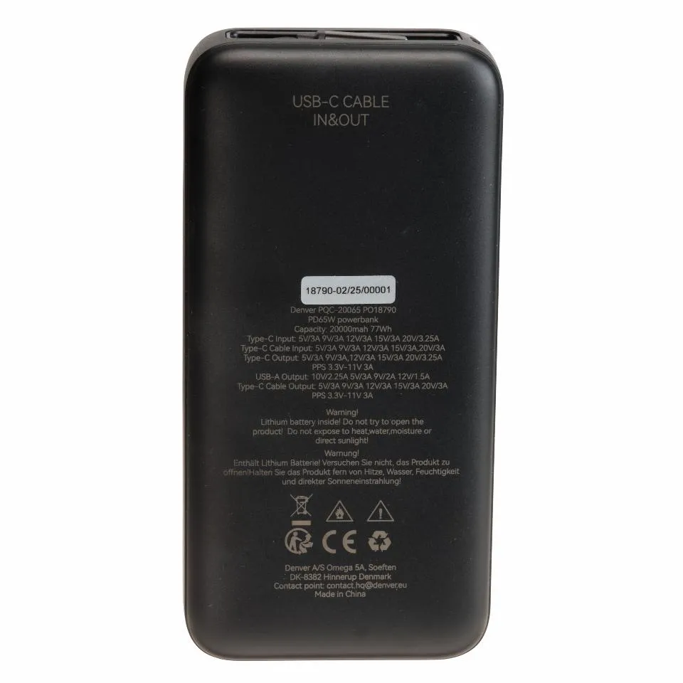Denver 20.000 mAh 65W PD -varavirtalähde, Musta