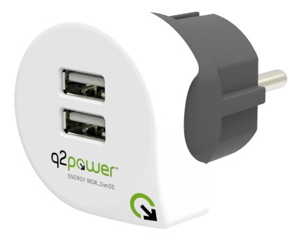 Q2power dual USB-laddare, 2.4A (delad), f&ouml;r EU, 2xUSB-port, vit/svart
