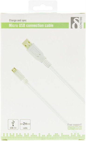 Deltaco USB-A - Micro-USB B - cable, 2 m, White