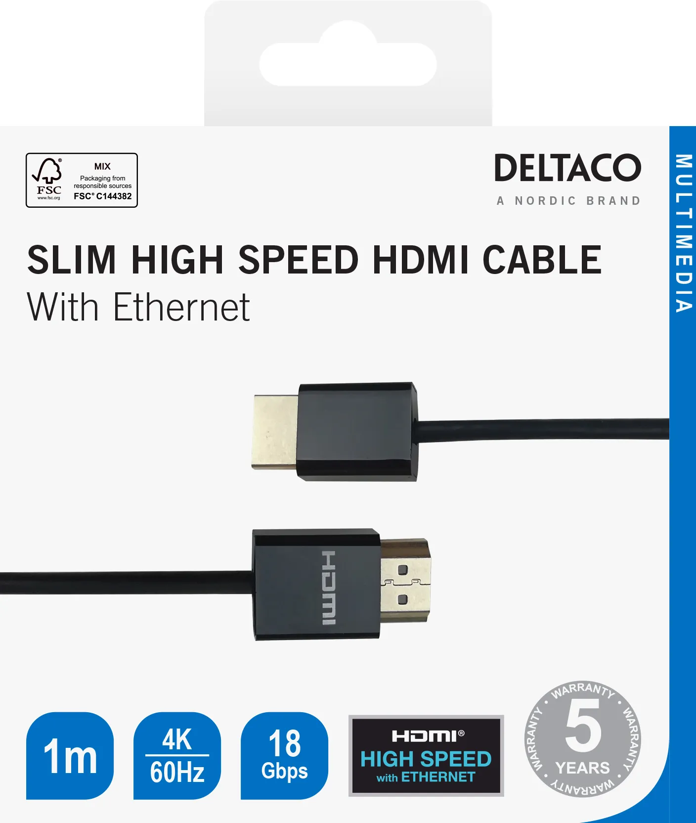 Deltaco Ohut nopea HDMI 2.0 -kaapeli Ethernetillä, 1 m, musta