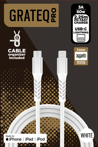 Grateq Pro USB-C - MFi Lightning -kaapeli, 2.25m, Valkoinen