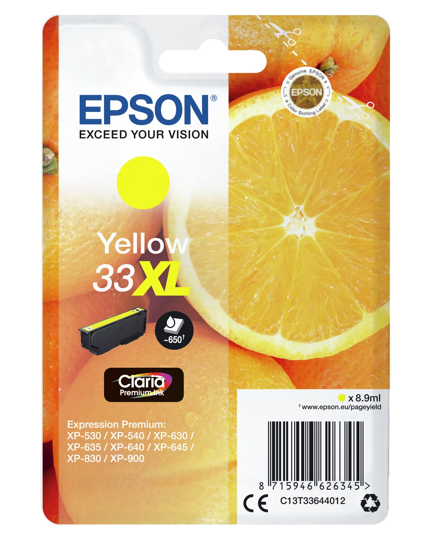 Epson 33XL - 8.9 ml - suuri kapasiteetti - keltainen - alkuper&auml;inen - blister RF:ll&auml;/&auml;&auml;nih&auml;lyttimell&auml; - mustepatruuna malleihin Expression Home XP-635, 830, Exp