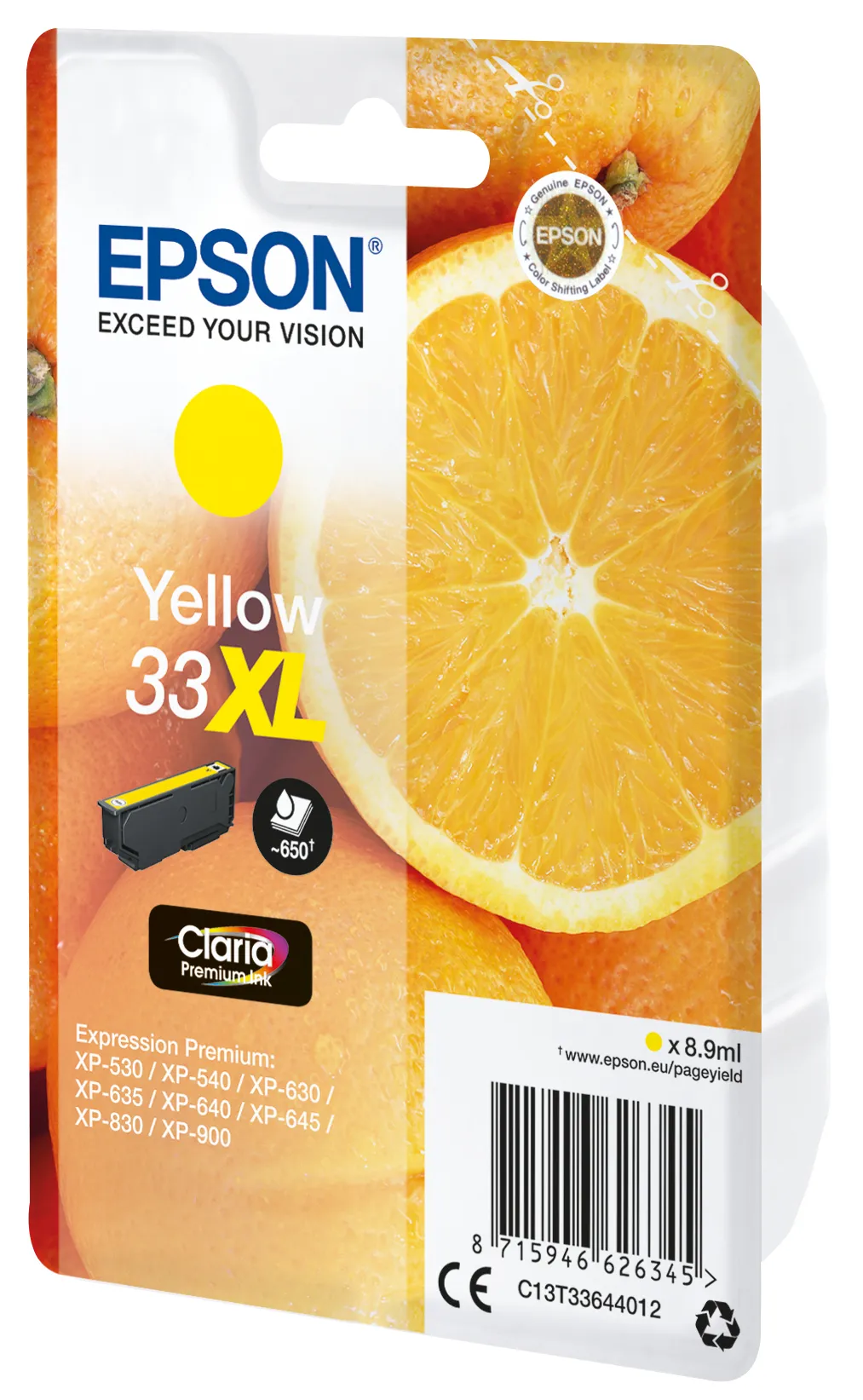 Epson 33XL - 8.9 ml - suuri kapasiteetti - keltainen - alkuper&auml;inen - blister RF:ll&auml;/&auml;&auml;nih&auml;lyttimell&auml; - mustepatruuna malleihin Expression Home XP-635, 830, Exp