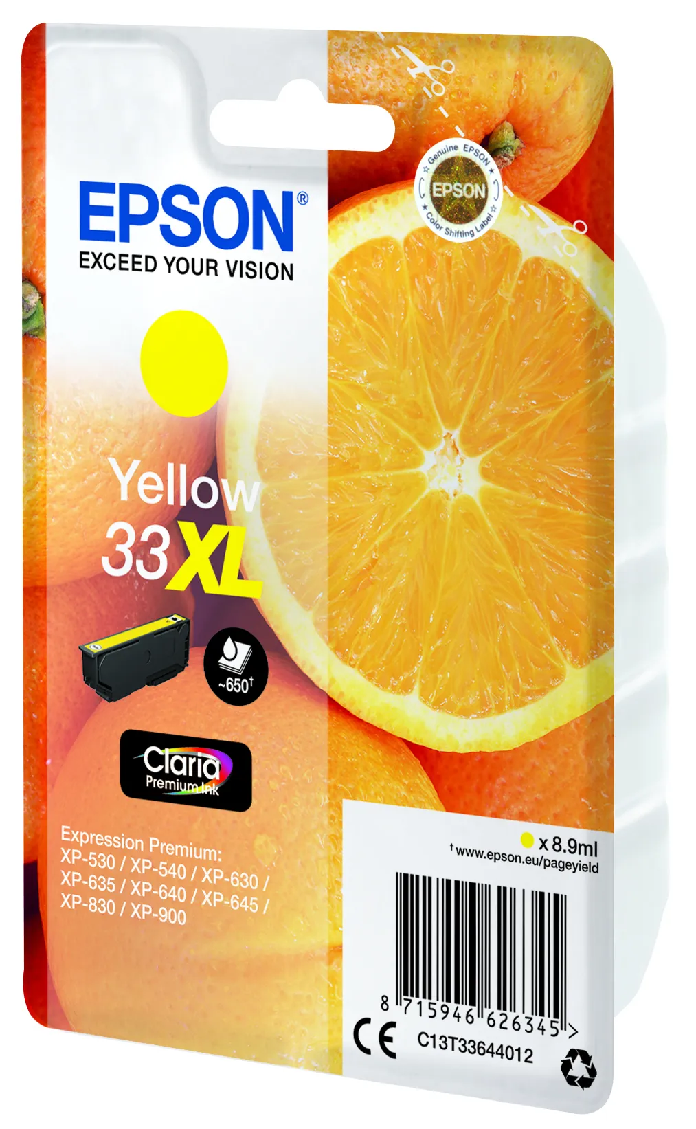 Epson 33XL - 8.9 ml - suuri kapasiteetti - keltainen - alkuper&auml;inen - blister RF:ll&auml;/&auml;&auml;nih&auml;lyttimell&auml; - mustepatruuna malleihin Expression Home XP-635, 830, Exp