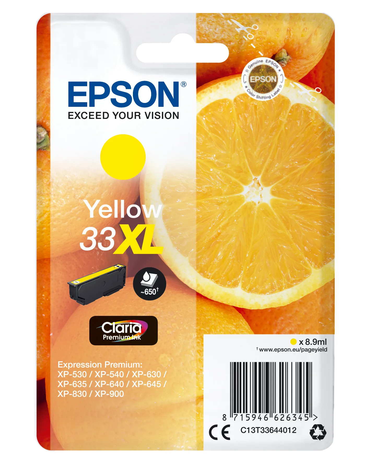 Epson 33XL - 8.9 ml - suuri kapasiteetti - keltainen - alkuper&auml;inen - blister RF:ll&auml;/&auml;&auml;nih&auml;lyttimell&auml; - mustepatruuna malleihin Expression Home XP-635, 830, Exp