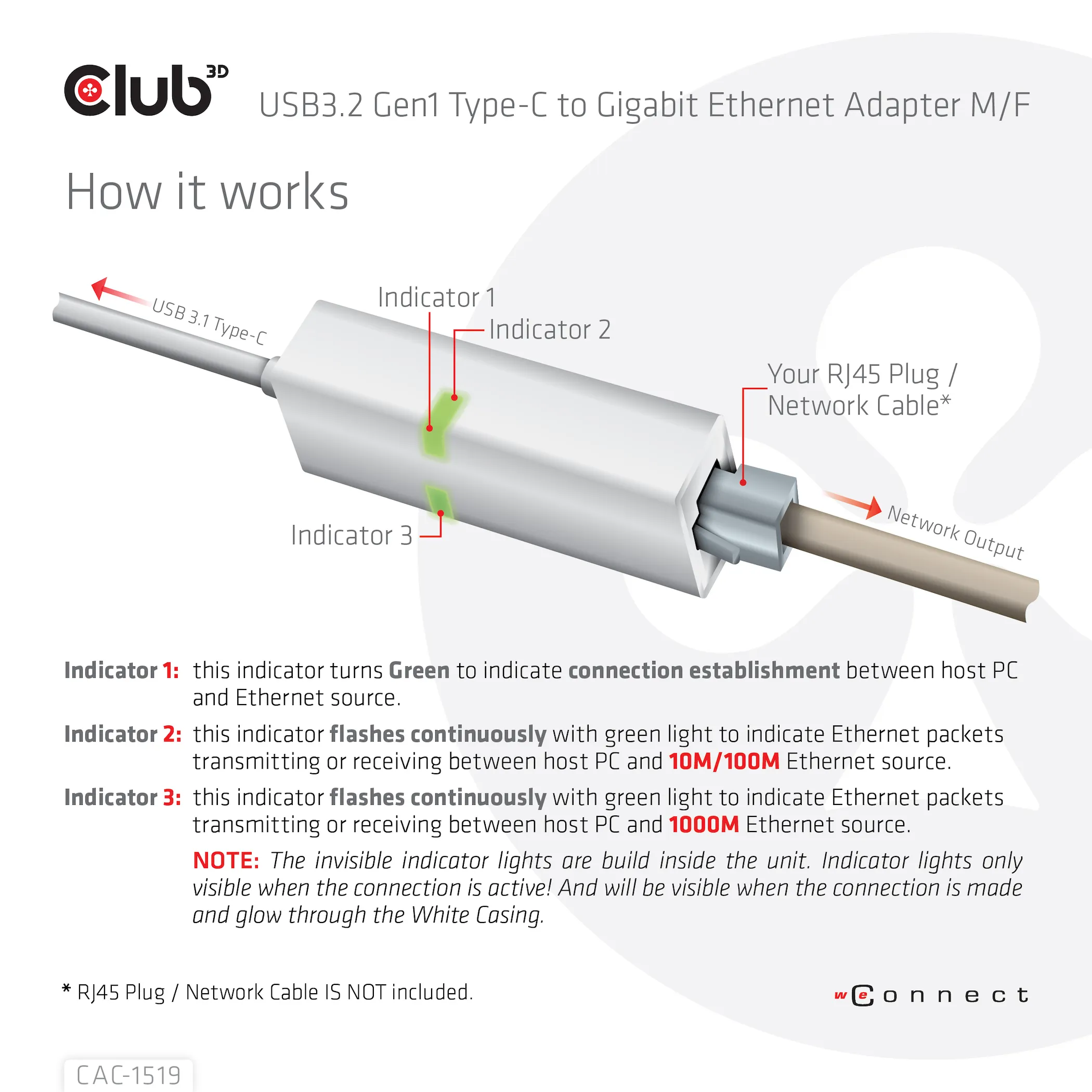 CLUB 3D USB TYPE C 3.1 Gen1 Male To 1GB Ethernet Female Active Adapter