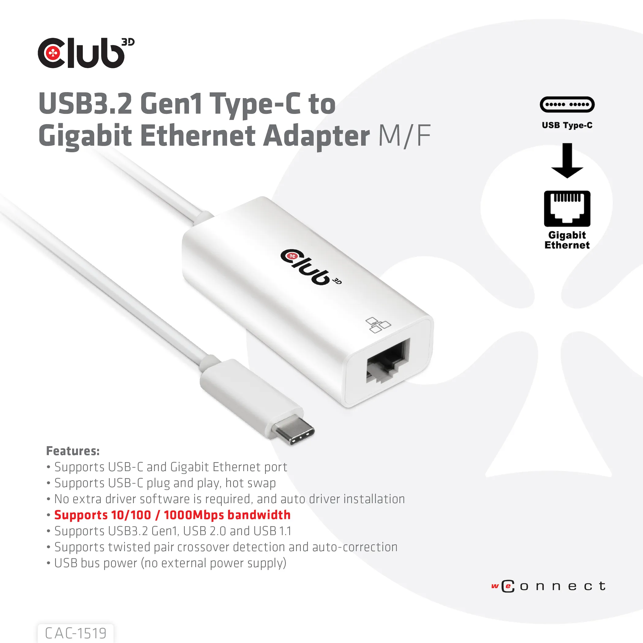 CLUB 3D USB TYPE C 3.1 Gen1 Male To 1GB Ethernet Female Active Adapter