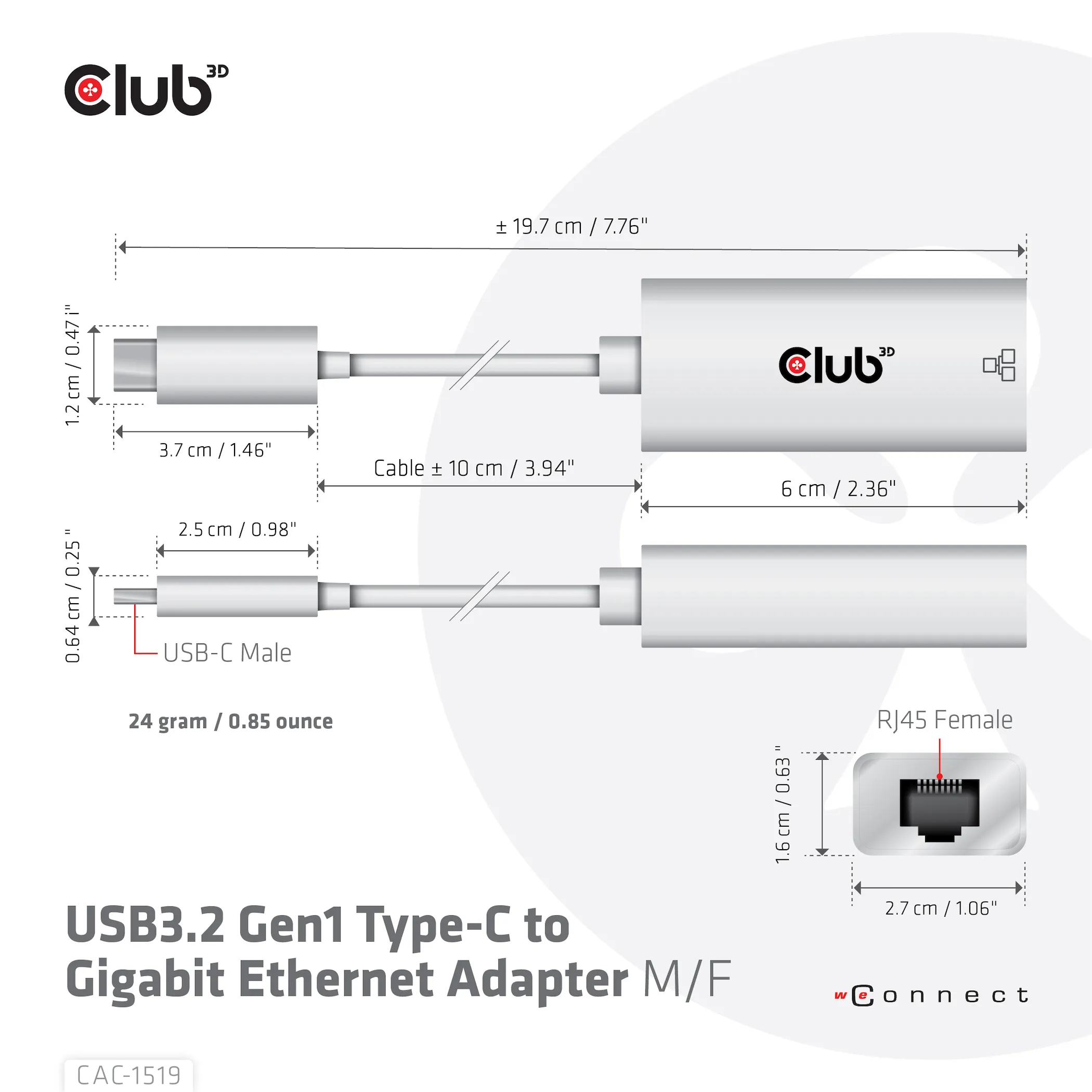 CLUB 3D USB TYPE C 3.1 Gen1 Male To 1GB Ethernet Female Active Adapter