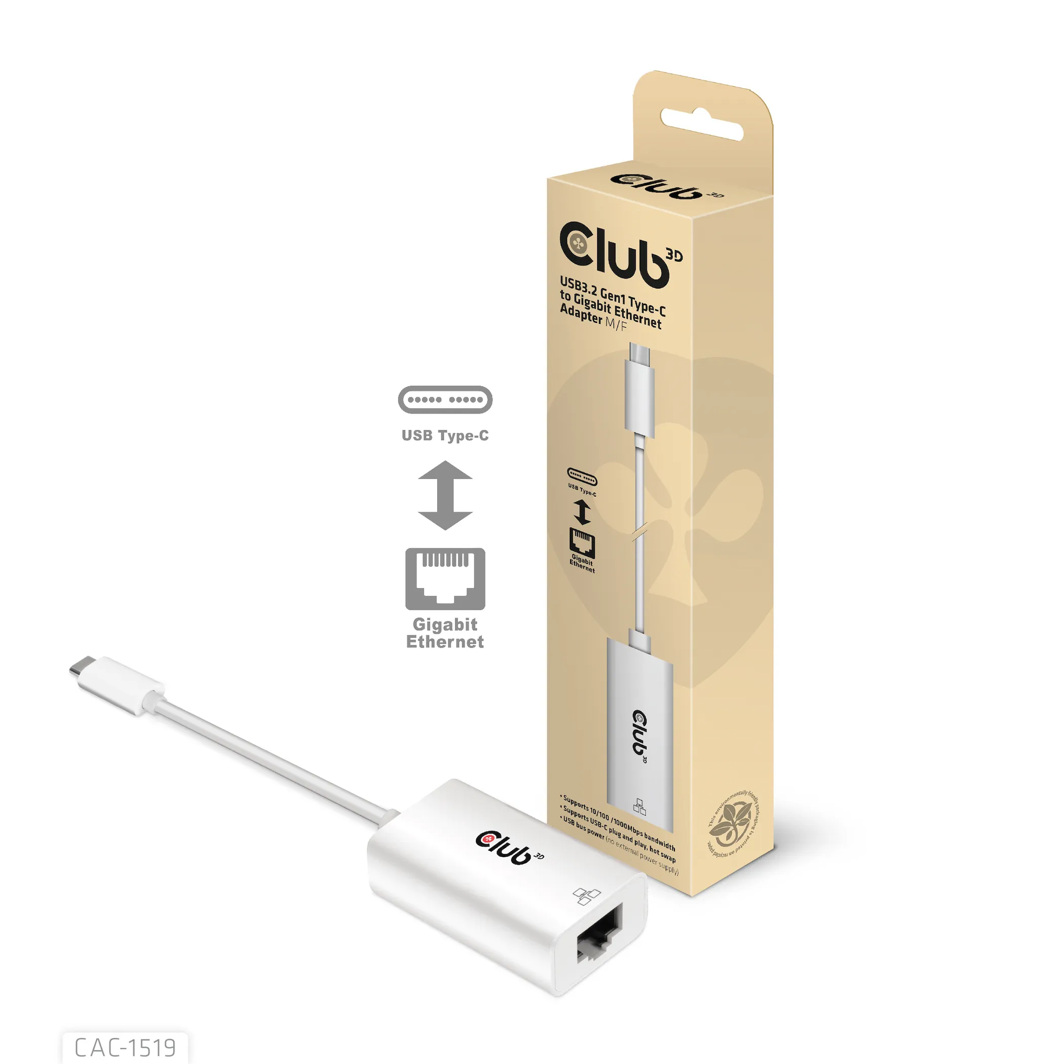 CLUB 3D USB TYPE C 3.1 Gen1 Male To 1GB Ethernet Female Active Adapter
