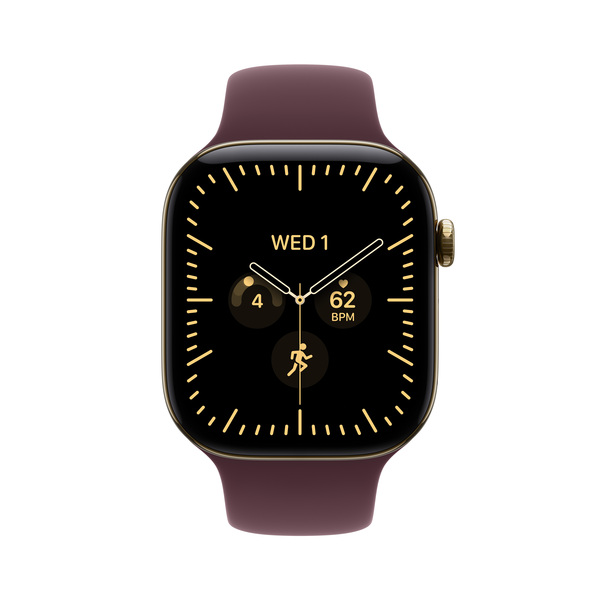 Apple Watch Series 12 (GPS + Cellular) 46mm Radiant Gold Titanium Case with Burgundy Sport Band, M/L