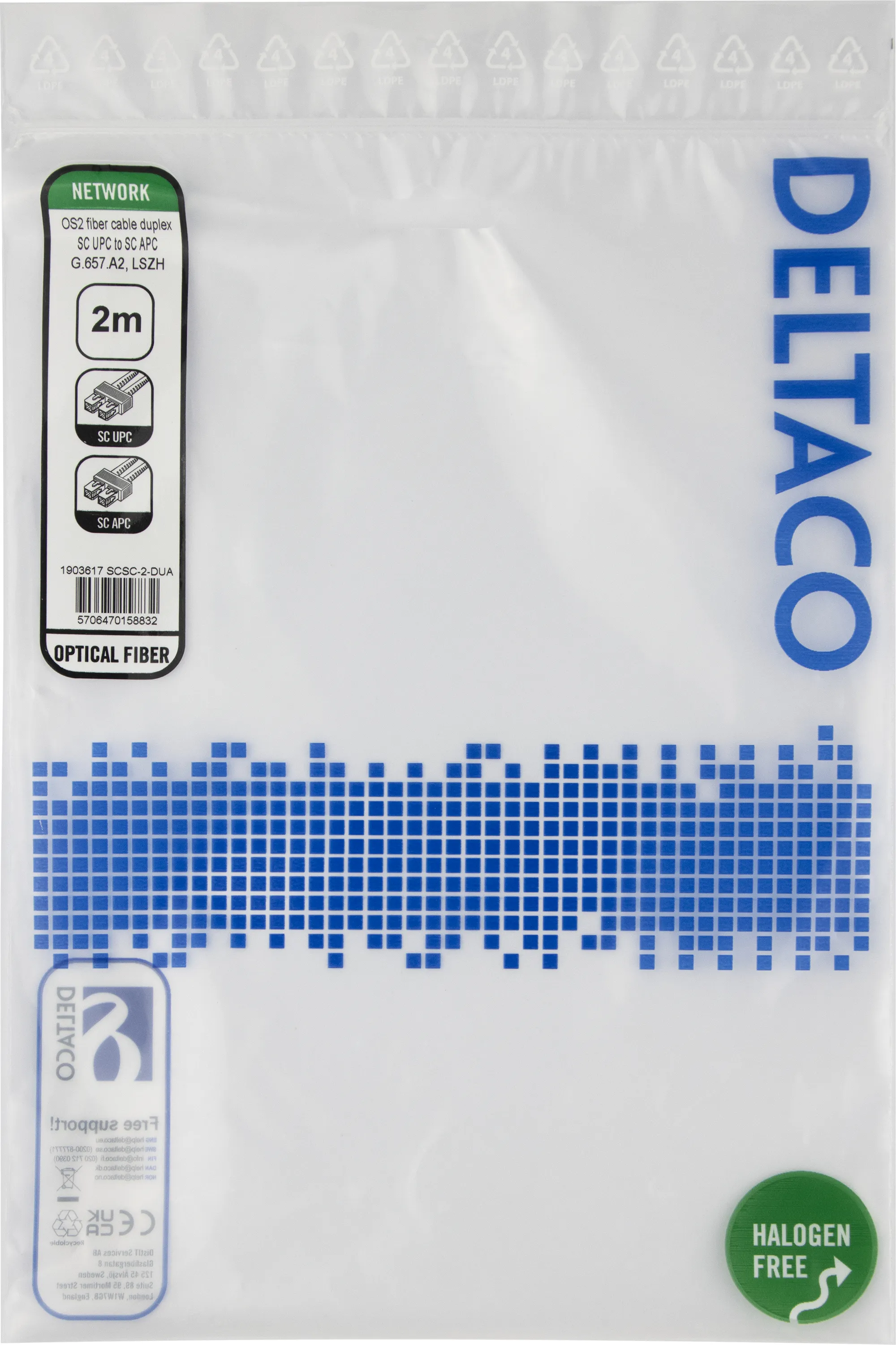 Deltaco OS2 LSZH SC-SC 2m Fiber Optic Cable, Yellow