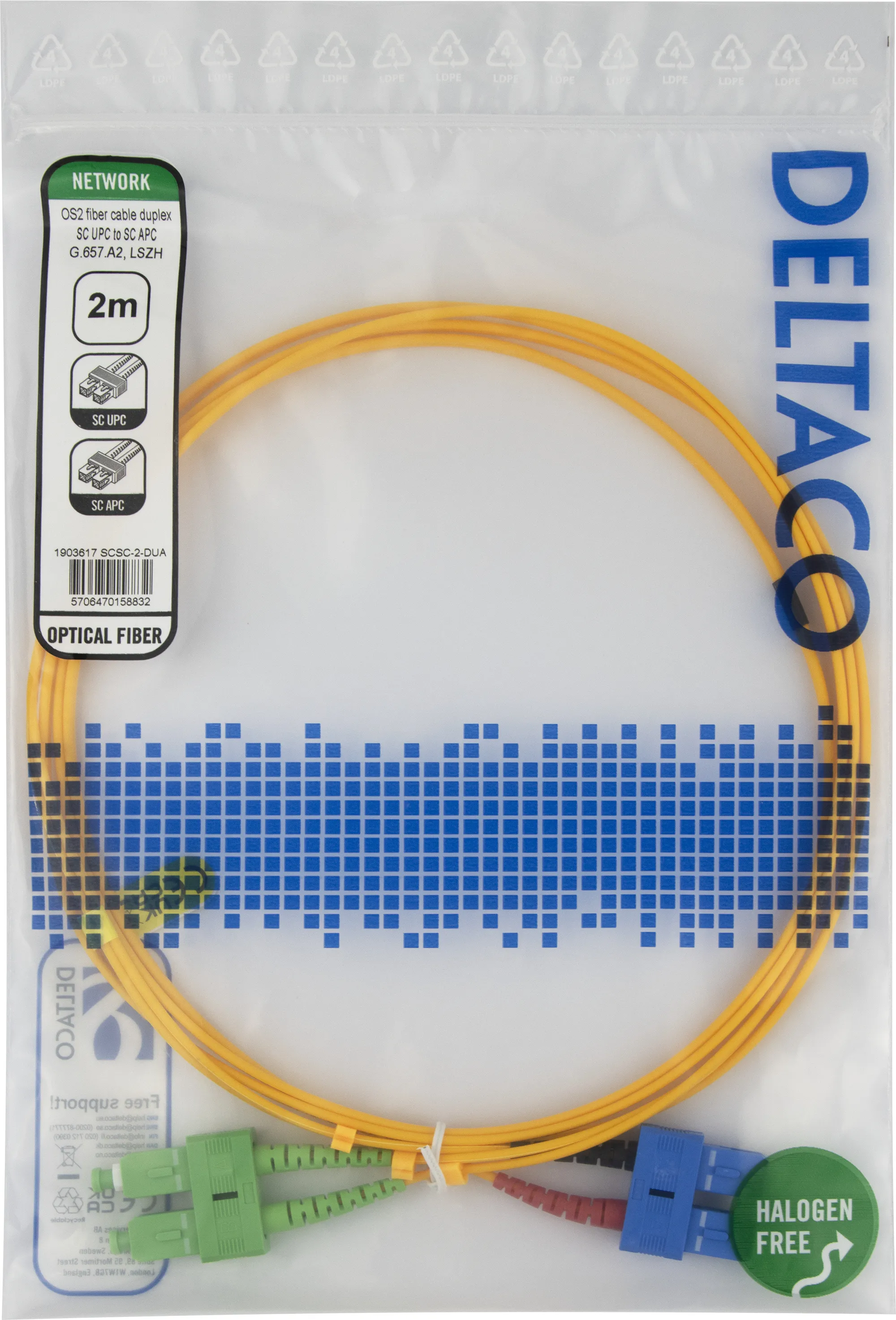 Deltaco OS2 LSZH SC-SC 2m Fiber Optic Cable, Yellow