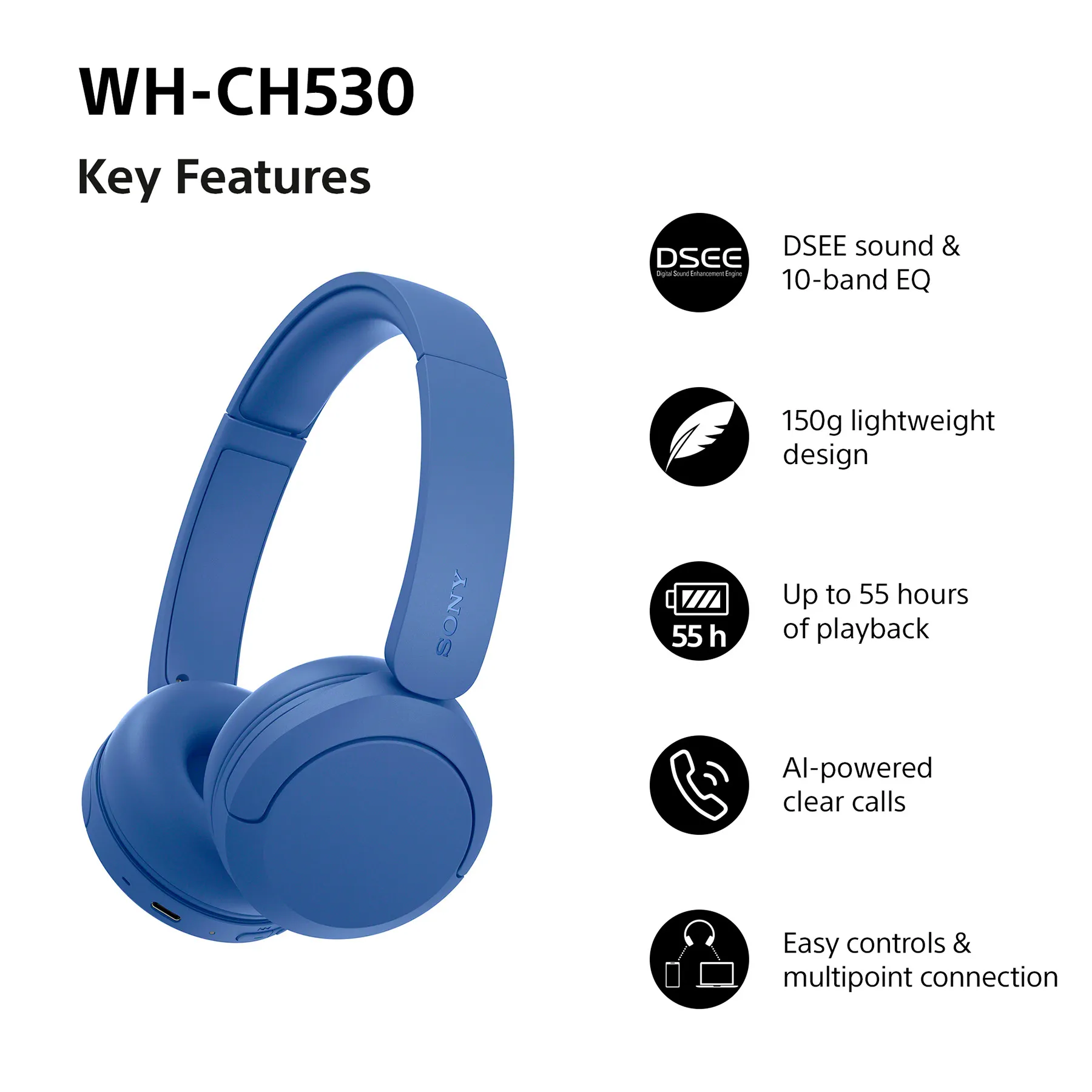 Sony WH-CH530 -langattomat kuulokkeet, sininen