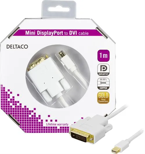 Deltaco Mini DisplayPort &ndash; DVI-D kabel, 1 m, vit