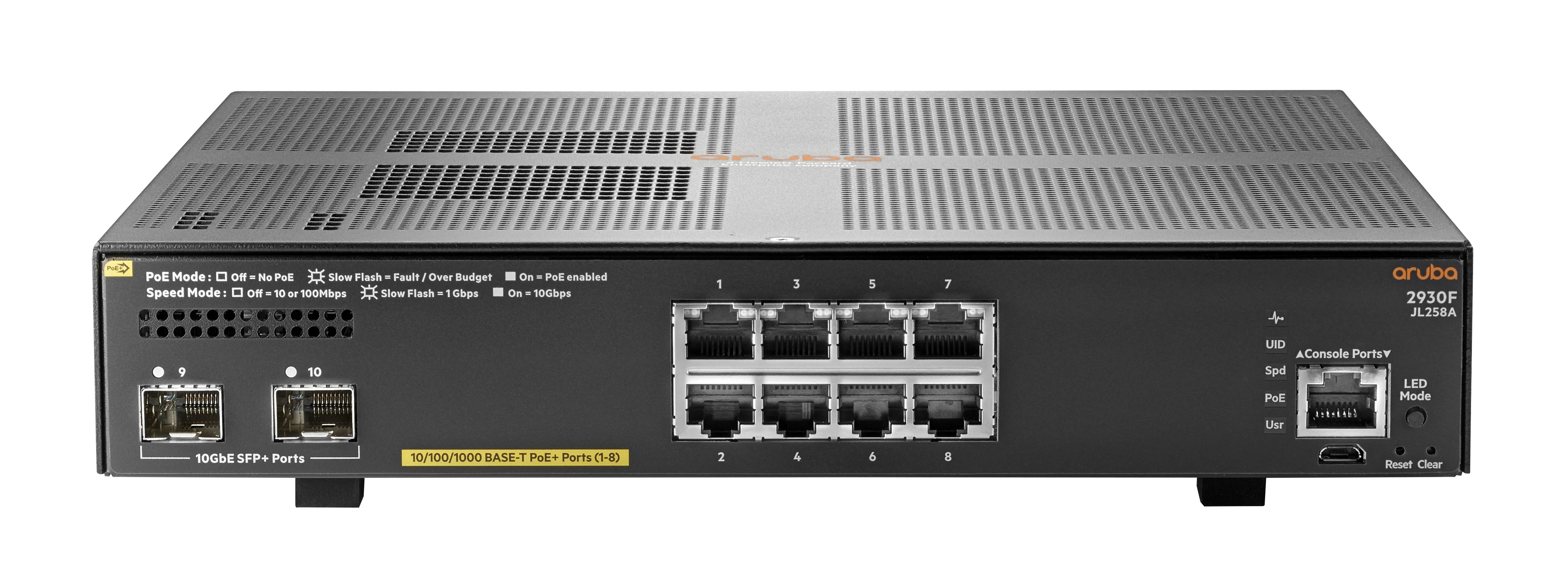 HPE Aruba 2930F 8G PoE+ 2SFP+ Basic Layer3 Switch with 8x 10/100/1000T PoE+ (Max 125 W) + 2x SFP+ 1/10 GbE ports. Switching capacity 56 Gbps, Throughput up to 4