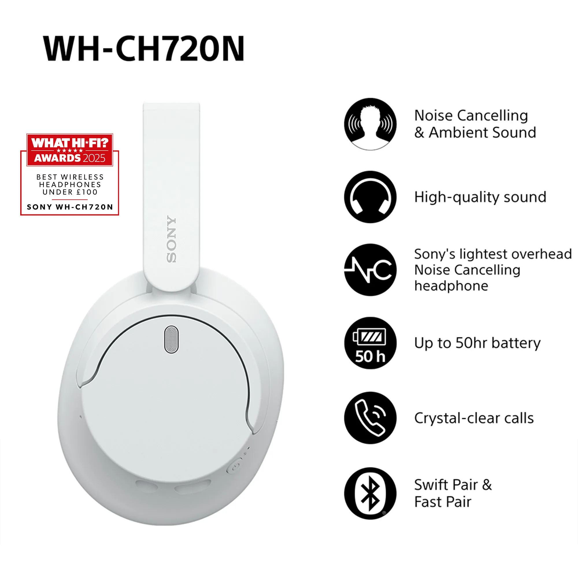 Sony WH-CH720N Wireless Over-ear Headphones, White