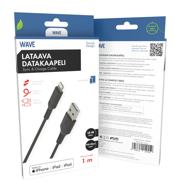 Wave USB-A - Lightning - cable, 1m, Black
