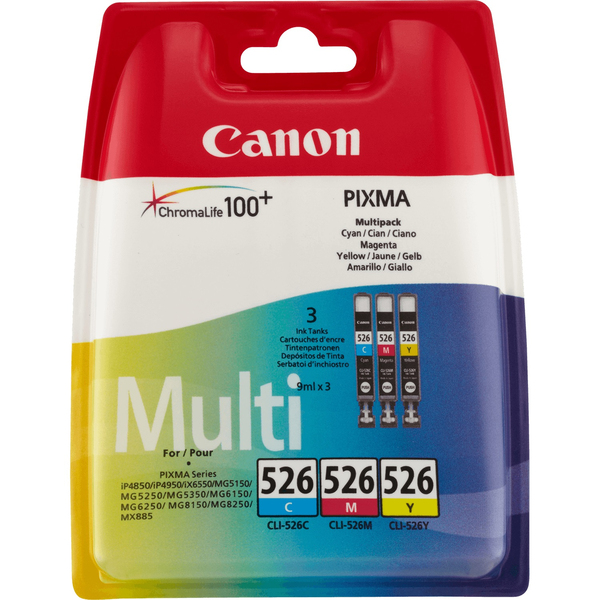 Canon CLI-526 C/M/Y Multi pack - 3 pakettia - keltainen, sinivihre&auml;, magenta - alkuper&auml;inen - mustes&auml;ili&ouml; malleihin PIXMA iP4950, iX6550, MG5250, MG5350, MG6150