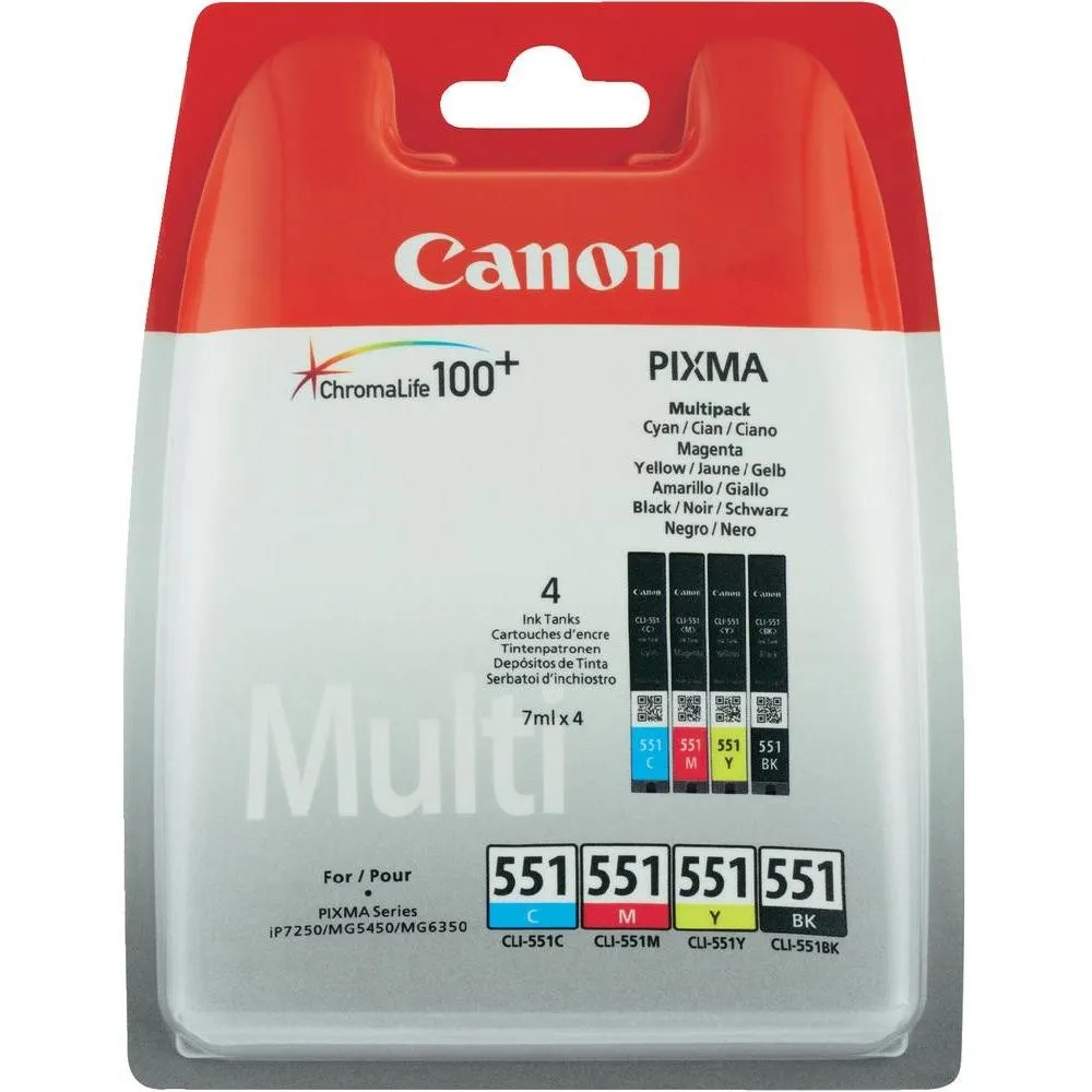 Canon CLI-551 C/M/Y/BK Multipack - 4 pakettia - musta, keltainen, sinivihre&auml;, magenta - alkuper&auml;inen - mustes&auml;ili&ouml; malleihin PIXMA iP8750, iX6850, MG5550, MG565