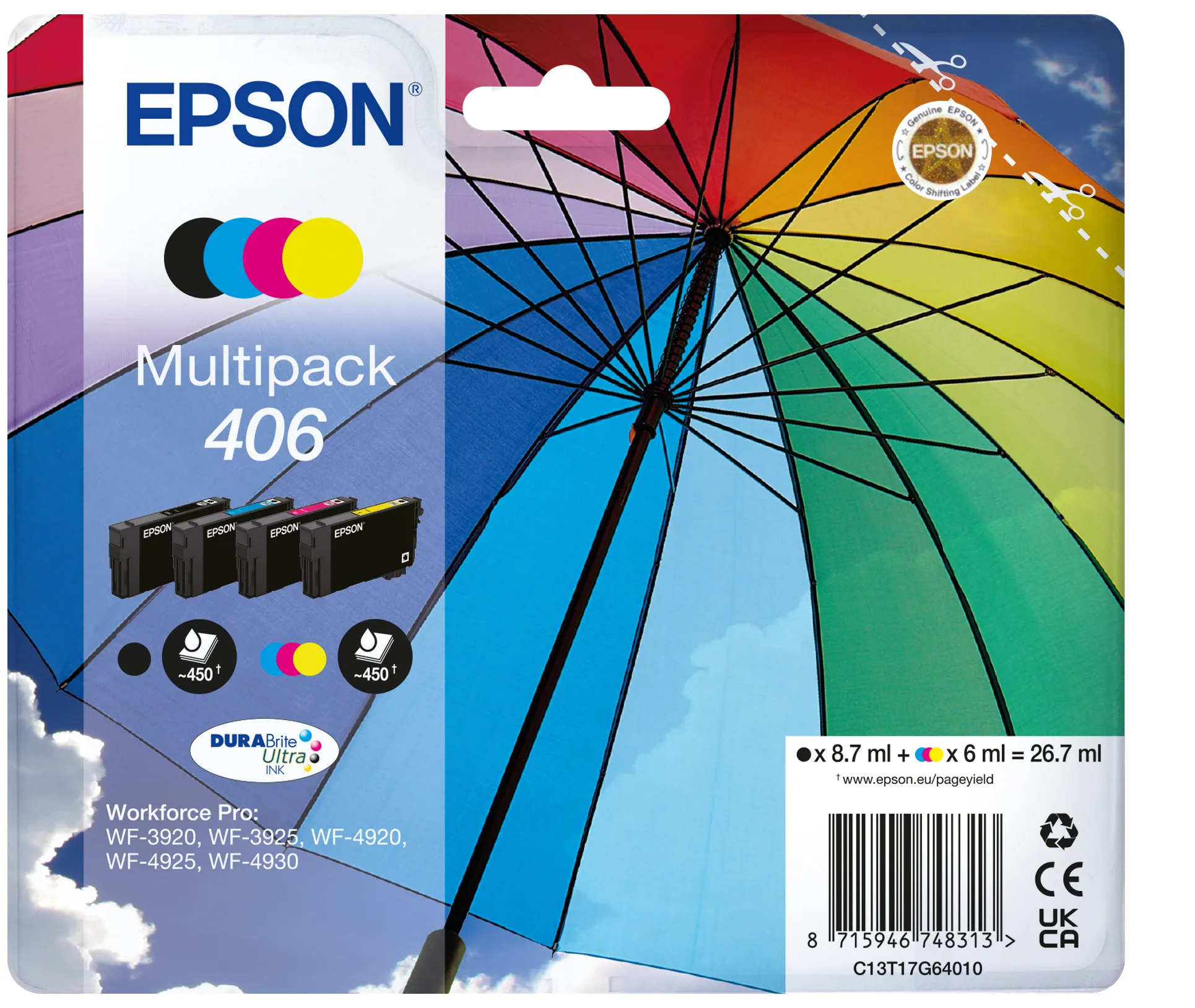 Epson 406 Umbrella DURABrite Ultra kit med bl&auml;ckpatroner, svart/cyan/magenta/gul, 4 st
