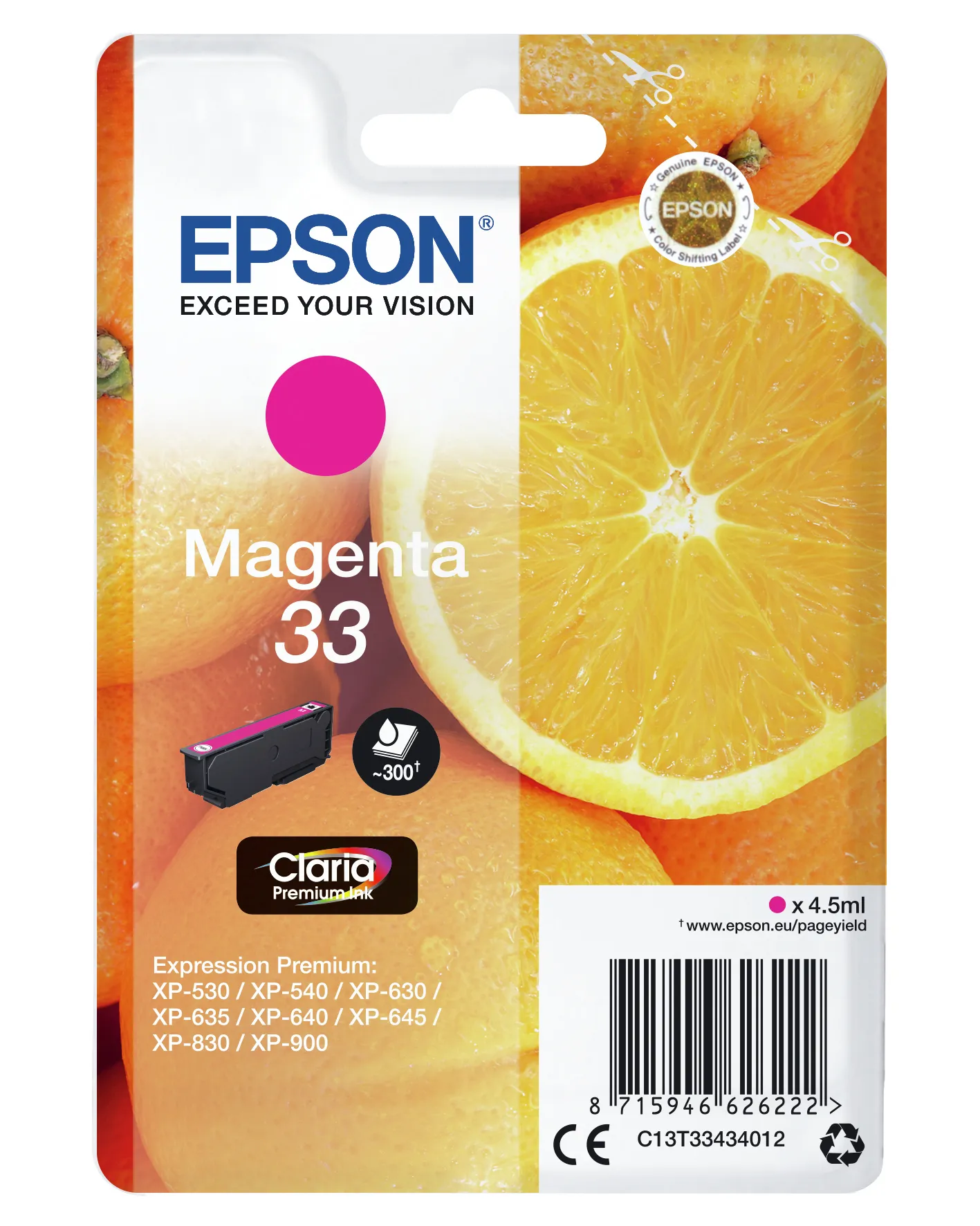 Epson 33 - 4.5 ml - magenta - alkuper&auml;inen - blister RF:ll&auml;/&auml;&auml;nih&auml;lyttimell&auml; - mustepatruuna malleihin Expression Home XP-635, 830, Expression Premium XP-530, 5