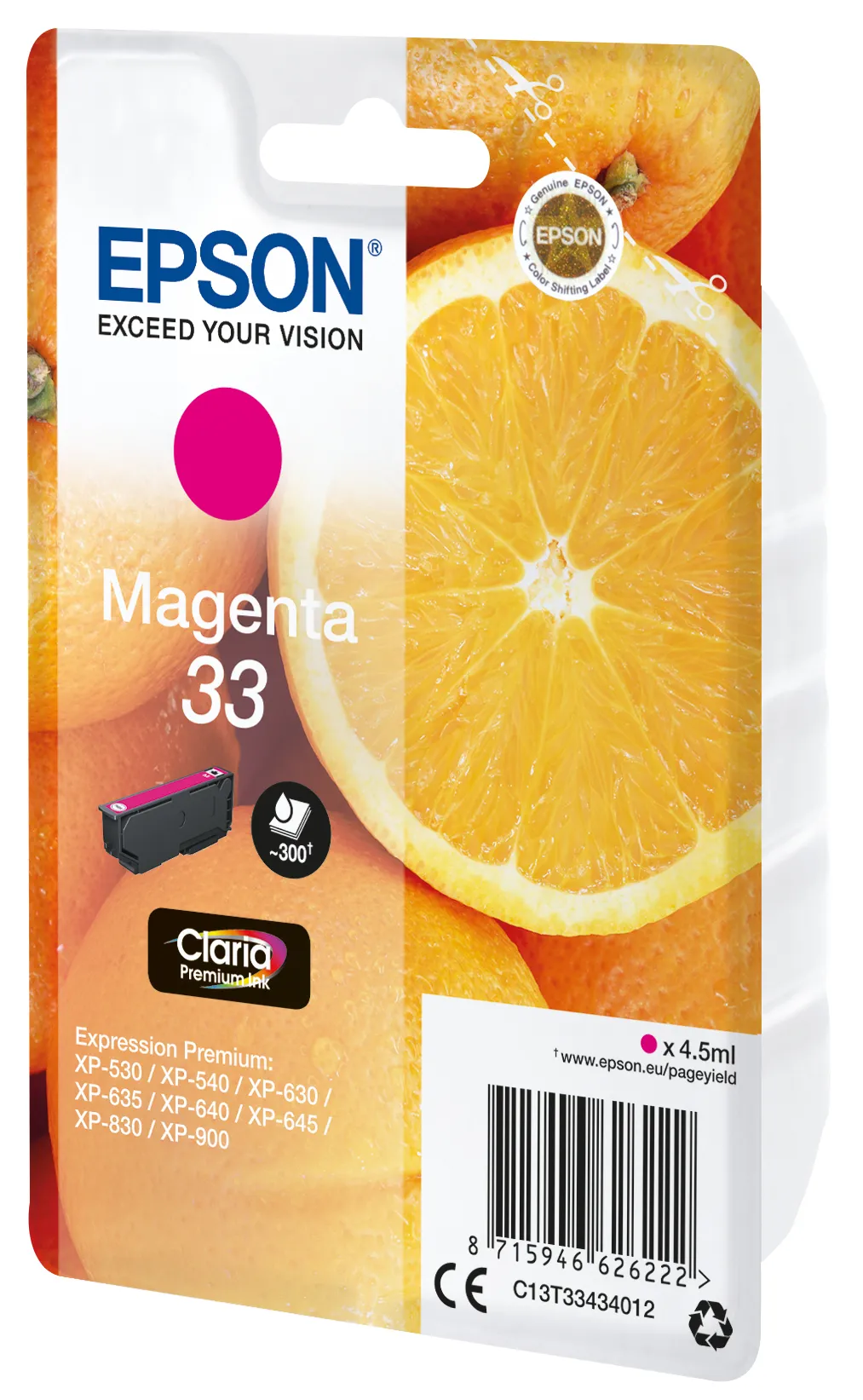 Epson 33 - 4.5 ml - magenta - alkuper&auml;inen - blister RF:ll&auml;/&auml;&auml;nih&auml;lyttimell&auml; - mustepatruuna malleihin Expression Home XP-635, 830, Expression Premium XP-530, 5