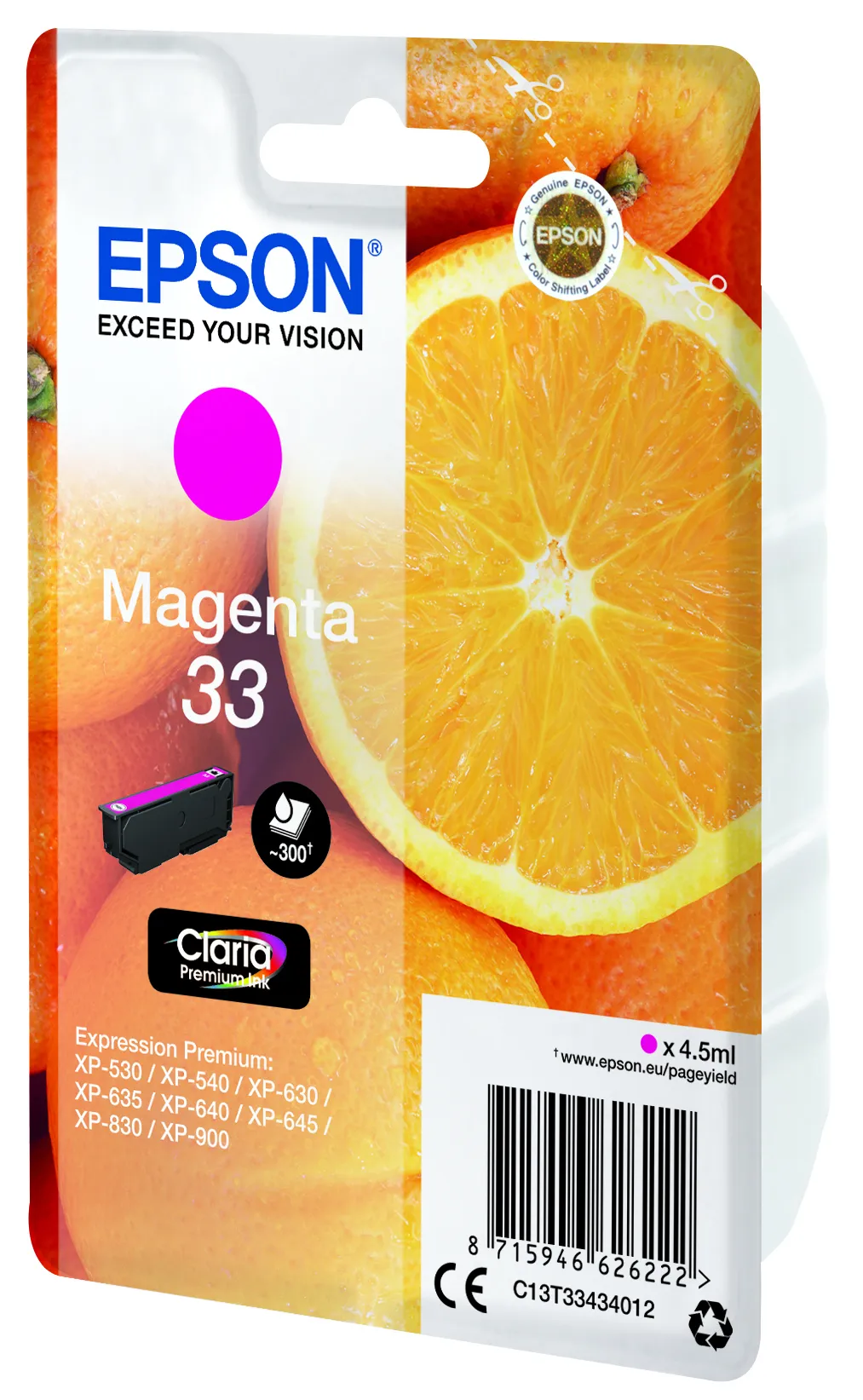 Epson 33 - 4.5 ml - magenta - alkuper&auml;inen - blister RF:ll&auml;/&auml;&auml;nih&auml;lyttimell&auml; - mustepatruuna malleihin Expression Home XP-635, 830, Expression Premium XP-530, 5