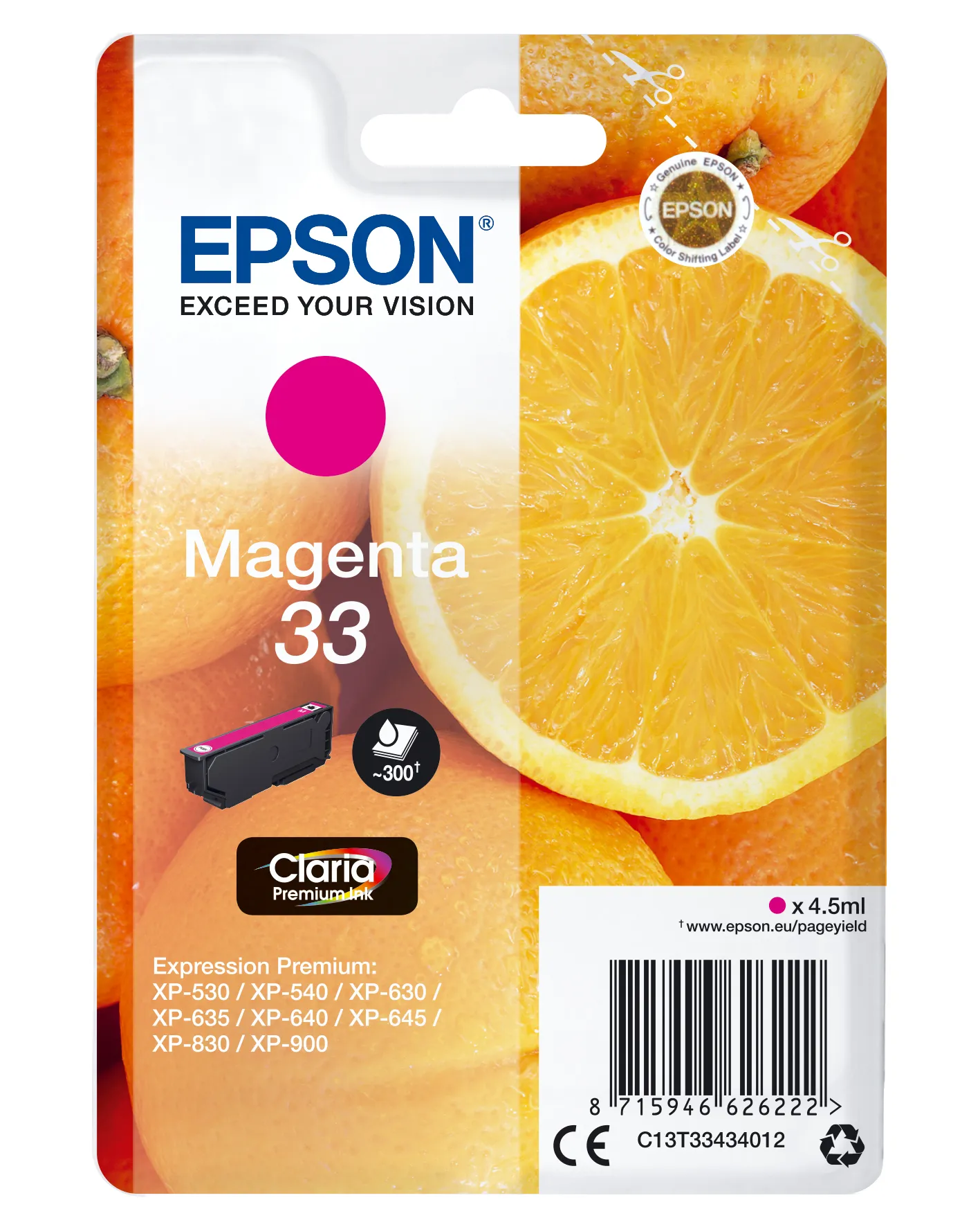 Epson 33 - 4.5 ml - magenta - alkuper&auml;inen - blister RF:ll&auml;/&auml;&auml;nih&auml;lyttimell&auml; - mustepatruuna malleihin Expression Home XP-635, 830, Expression Premium XP-530, 5