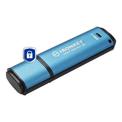 Kingston IronKey Vault Privacy 50 128 Gt USB 3.2 Gen 1x1 -muistitikku, Sininen Kingston IronKey Vault Privacy 50 128 Gt USB 3.2 Gen 1x1 -muistitikku, Sininen