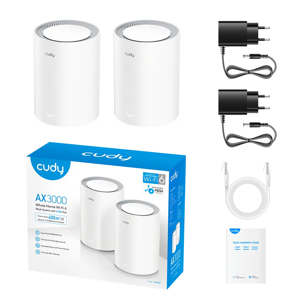 Cudy M3000 -mesh WiFi -j&auml;rjestelm&auml;, Wi-Fi 6, AX3000, Dual-band, 2 kpl, 2,5G WAN -portilla, harmaa/valkoinen